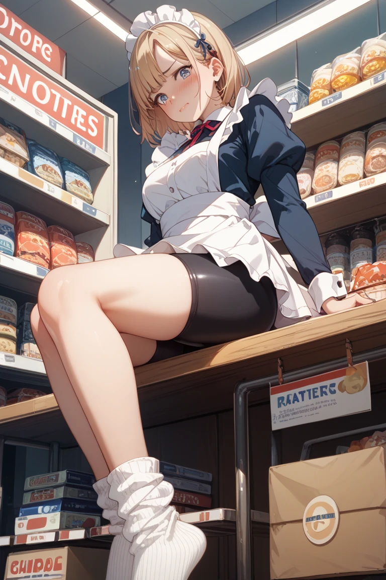 (perky chest:1.2), (pointed chest:1.2),(icecream magazine cover:1.3),(from below:1.2),(shoot from the side:1.1),(((Black Tunic:1.3))),(((cakes and bread in the basket),a 23yo Cute and beautiful girl,masterpiece、highest quality、Very detailed、Beautiful fine details、Detailed landscape、Braided Ponytail、Red camisole、((B cup breasts, Tank top showing underboob:1.0)), thigh strap, bangs, necktie, earrings, nail polish, fishnet pantyhose, silver hair, looking at viewer, full body, bottle, own hands together, belt, food, ring, choker, english text paper:1.2, collared shirt, blue eyes, hat,lace-up boots , 