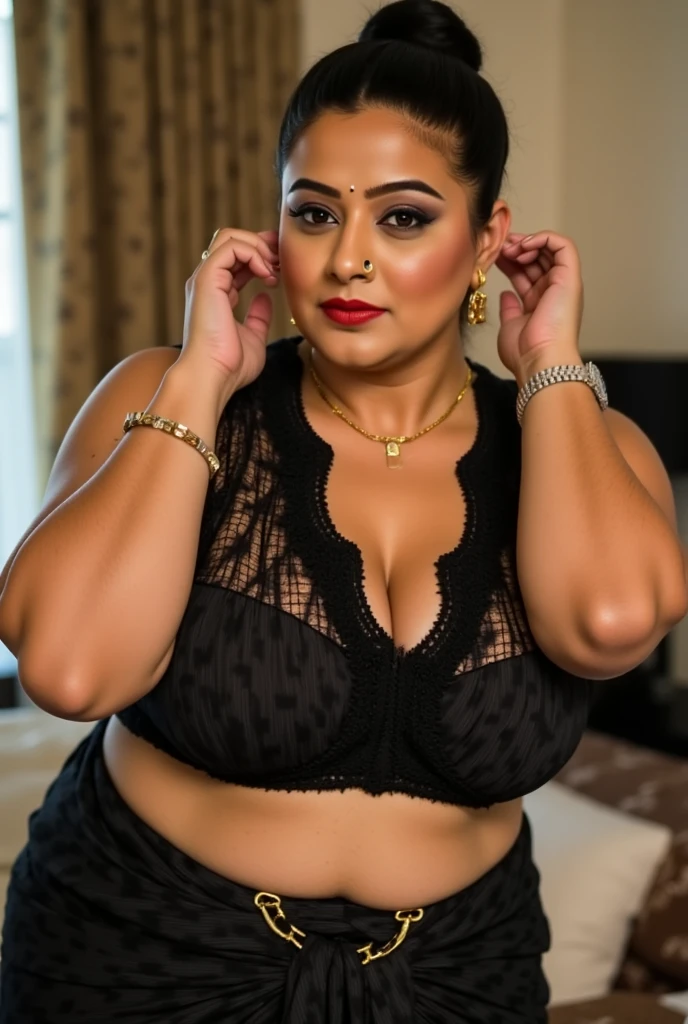 phone photo of an 18year old Indian chubby girl at home, cleavage clearly visible, wearing a black mask, uploaded on snapchat