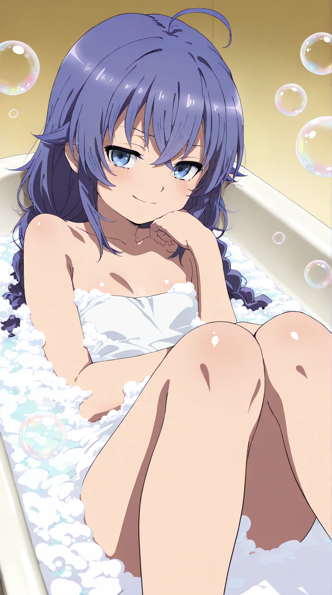 anime anime, young girl laying in the bathtub with her hand on her chest