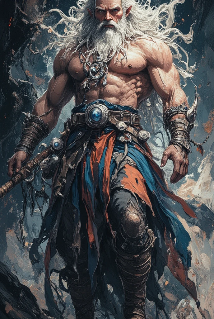 masterpiece,best quality,painting of a man,((highlander, intricate outfit, thong, Goldfish Orange theme)),lonely look,well-built ripped man,big hair,Platinum hair,short back and sides,Bright Blue eyes,tall,temperate desert,intricate background,dynamic pose,action scene