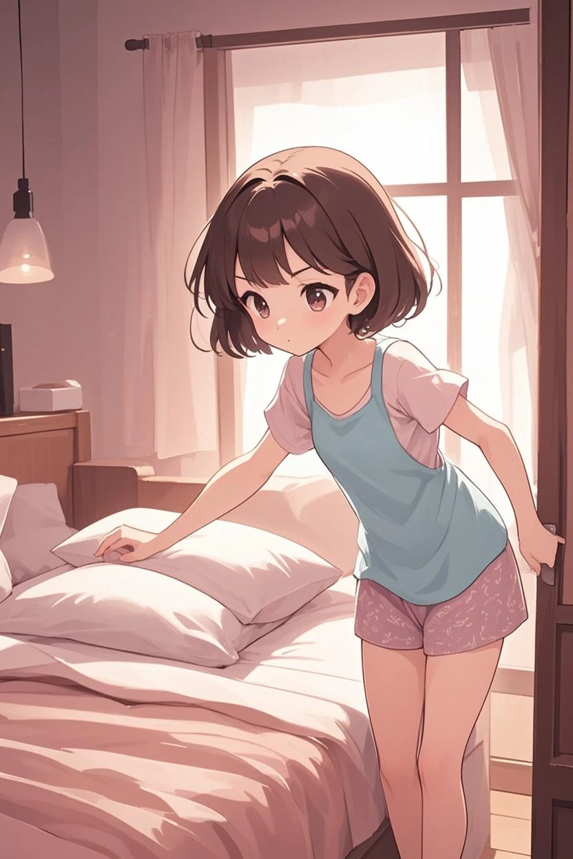 1girl、ami futami、(UHD)、white stockings、8k、tank top、pink color、(pixel-perfect、detail-perfect)、sitting on bed、blush、looking at viewer
