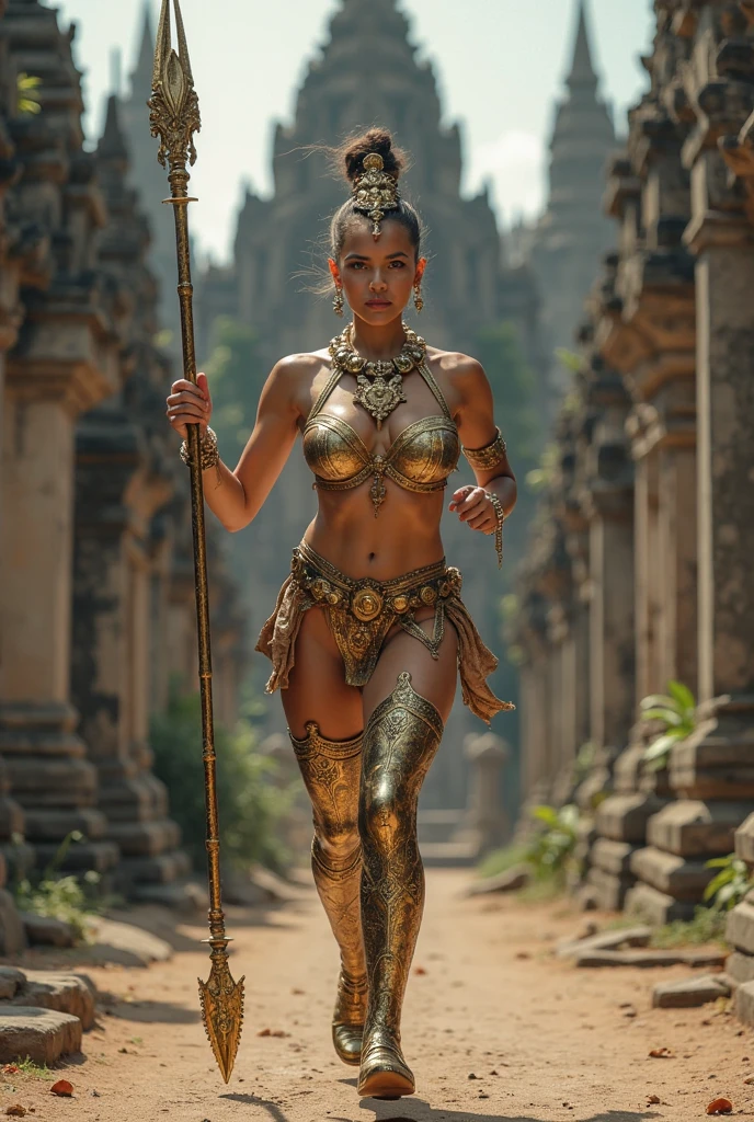 An illustrated movie poster, hand-drawn, full color, a teenage elven girl, wearing a metallic bralette and a battle skirt, tall, toned, amazonian stature, voluptuous hourglass figure, full wide hips, massive round butt, long shapely legs, ridiculously thick powerful thighs, long pointy elf ears, jade eyes, brown-black hair, short pixie cut, deep sun-tanned skintone, freckles, standing on a sunny rainshower, wet clothes, graphite shading, stencil marks, airbrushed acrylic paint, masterpiece, in the style of the Lord of the Rings