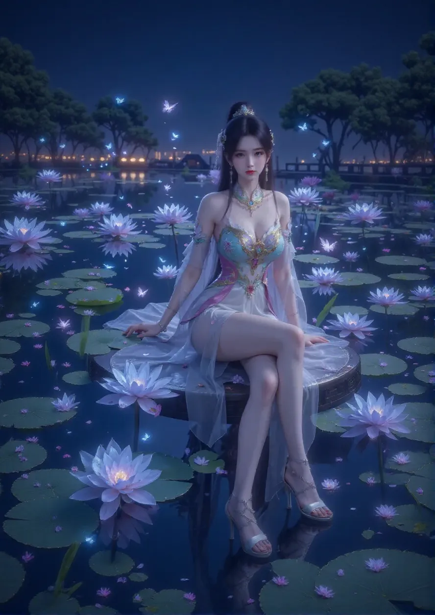 Sitting by a lake full of lotus flowers, feet playing in the water, the art depicts a charming woman with a melon face, dressed in a flowing, silky traditional oriental dress, long, aqua blue, decorated with intricate patterns and bright colors. Her dress drapes elegantly over her curvy figure, accentuating her seductive silhouette. She sits gracefully by the tranquil lotus lake, her feet playing in the water, bathed in the soft glow of the moonlight. The scene exudes an ethereal and dreamy atmosphere, with a touch of mystery and sexiness. The graphic style blends watercolor and digital illustration techniques to evoke a refined beauty and charm. The lights are filled with soft moonlight, casting soft highlights and shadows on her charming features. Bare thighs, big breasts, three-dimensional facial features, sitting, upturned legs, side braids