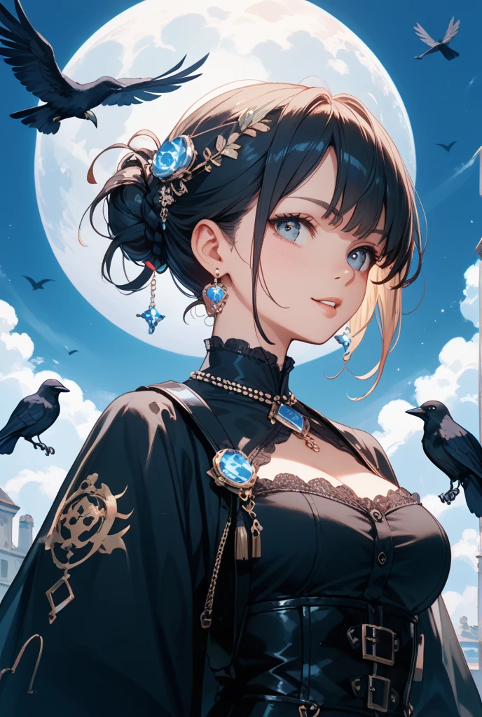 black hair, wavy hair, long hair, grey eyes, big chests, black gloves, middle bangs, pale skin, blue berret, windy day,thin cloud,in a yellow grass field, happy, adorable face, cute face, large innocent eyes, smile, cute pose