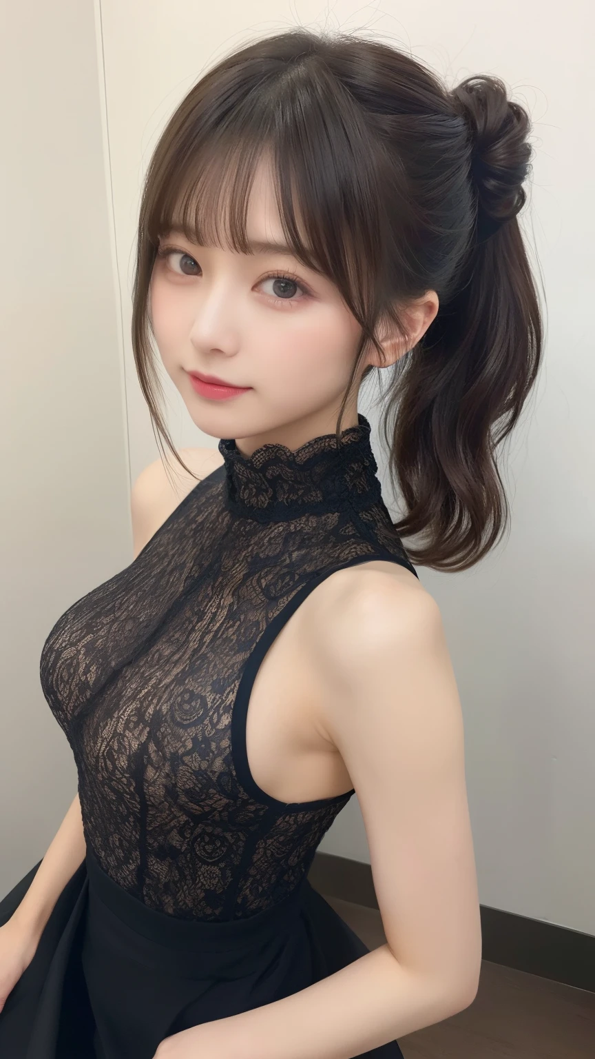 (masterpiece,Highest quality,Ultra-high resolution),Japanese women, (((Very beautiful 25 year old girl))), pretty girl、Look at the photographer、 ((Beautiful low ponytail)), Very cute face, Glossy Lips, Double eyelids on both eyes,Natural smile、 Natural Makeup, Long eyelashes, Shiny and smooth hair、Center image, Perfect limbs, Perfect Anatomy,(((China dress)))、(((Looking Back)),