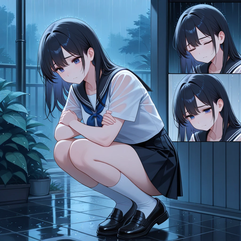 summer, Adult, dynamic , depth, Dark colors , sad的,squatting girl, Various expressions ,rain,sad,white socks
