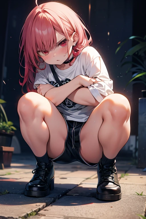 (best quality, masterpiece) sexy mature bratty female with medium wavy pink hair, black thigh socks, squatting, chin up, full body, low camera angle from behind