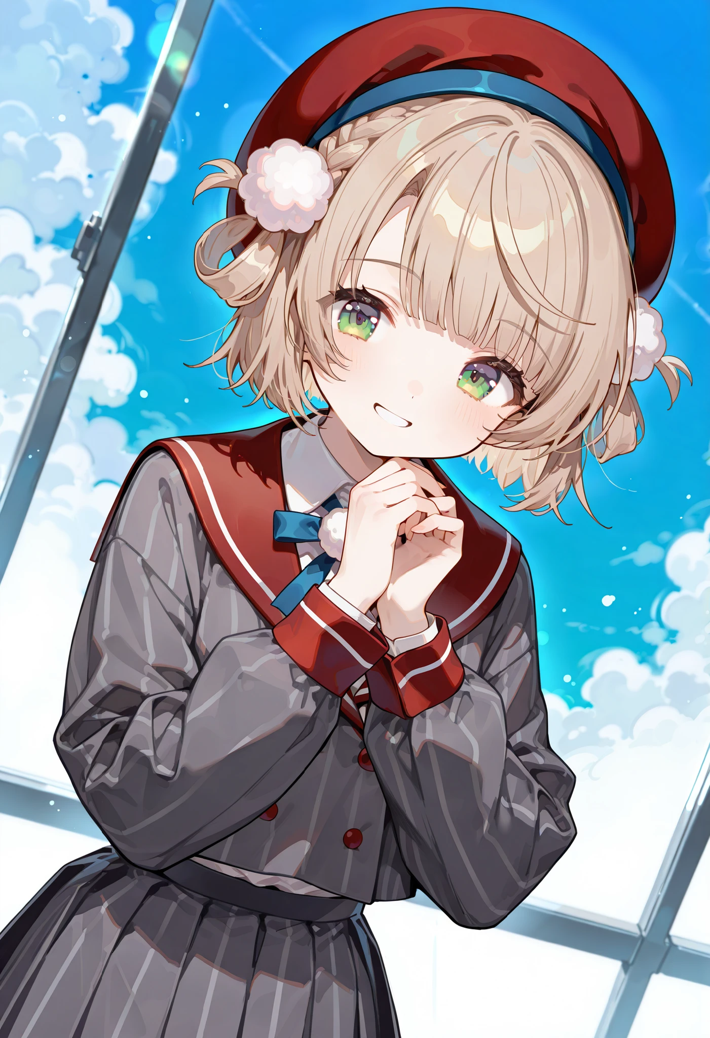 score_9, score_8_up, score_7_up, source_anime,dutch angle, absurdres,masterpiece,perfect anatomy,high resolution, ultra-detailed,beautiful detailed eyes,shigure ui (vtuber),beret,red headwear,light brown hair,short hair,hair rings,pom pom hair ornament,side braid,french braid,blunt bangs,green eyes,
school uniform,grey jacket,vertical-striped jacket,red sailor collar,neck ribbon,pom pom (clothes),collared shirt,white shirt,long sleeves,red wrist cuffs,double-breasted,grey skirt,pleated skirt,vertical-striped skirt,red socks,loafers,standing,upper body,show off panties,smile,