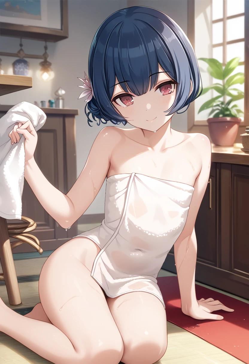 Tomomi_Xijing,Short hair,Hair Ribbon,classroom,NSFW,1girl in,(Portrait),Face Focus,close up,short torso,Perfect Lighting,Undressing,Changing clothes,Light pink floral lace Bra,,anime screen cap,Flat color,cel shading,smile,(Open both knees、Light pink floral lace panties),dynamic pose