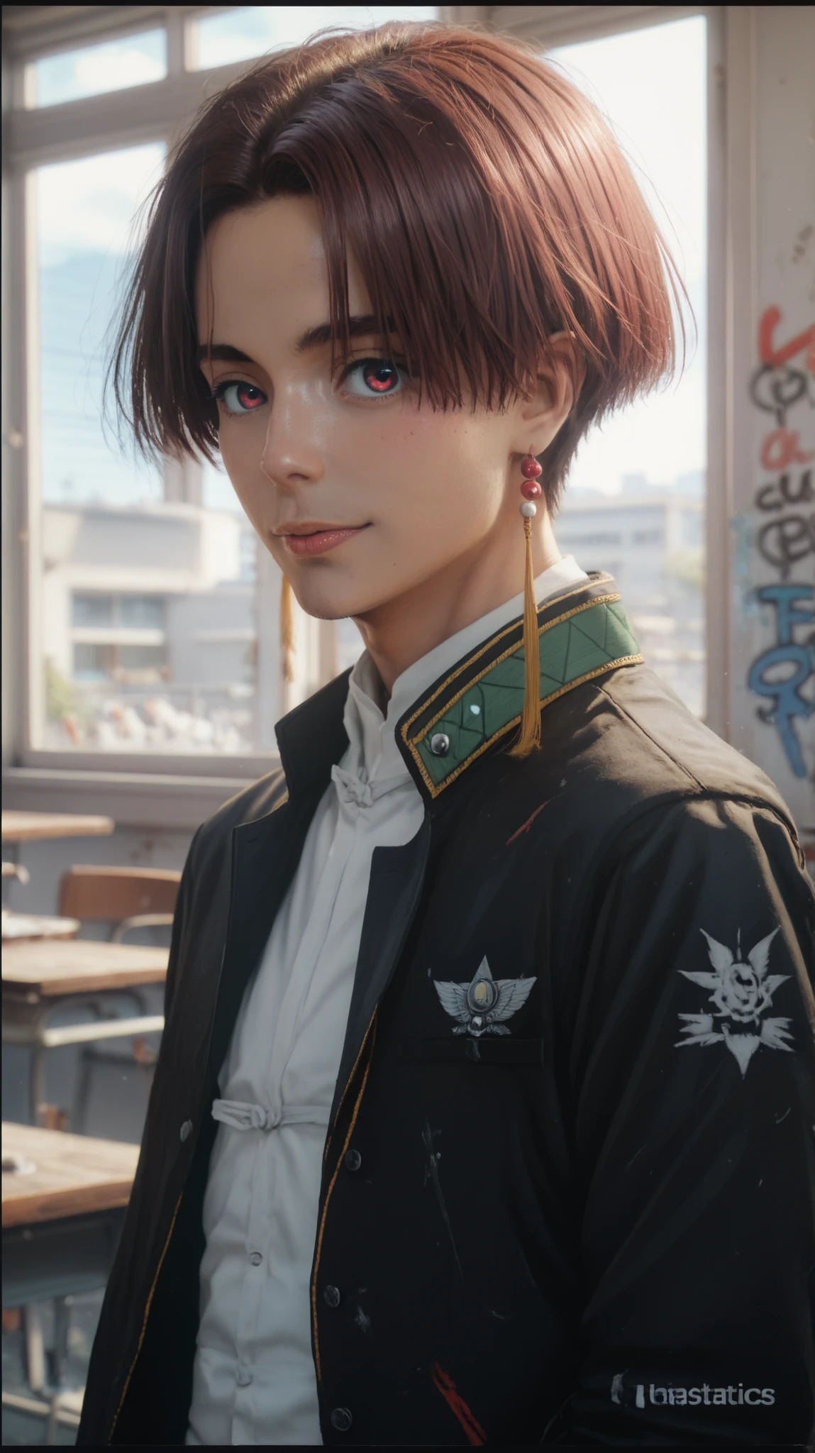 highest resolution, 4k, masterpiece: 1.3), Japanese men, highest quality, photorealestic, walls full of graffiti, sharp gaze, absurdres, highres, ultra detailed, HDR, master piece, detailed face, detailed eyes, hayato suo short hair with center parting brown, maroon eyes, brown eyebrows