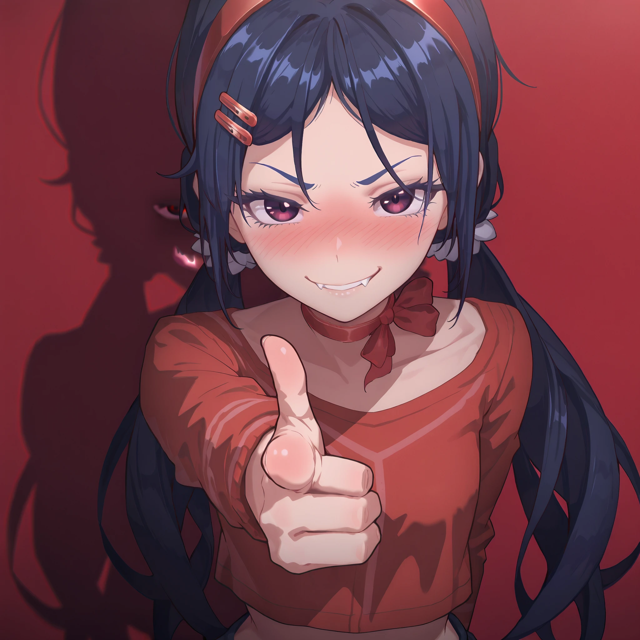 highres, hi res, best quality, masterpiece, 2d, intricate details, 4k, anime coloring, shadow, uncensored, eyelashes, nose, nose blush, long hair , dark blue hair, red hairband , red hairclips , dark violet eyes, hair ornament , twintails , parted bangs, red choker, ribbon choker, upper body, red shirt, midriff, red background, wallwaper, evil face, fangs, close up,, evil eyebrows, evil anime style, evil, five fingers, accurate fingers, finger focus,standing sidewards, one hand behind back, smirk, finger gun,pointing at viewer,pointing,