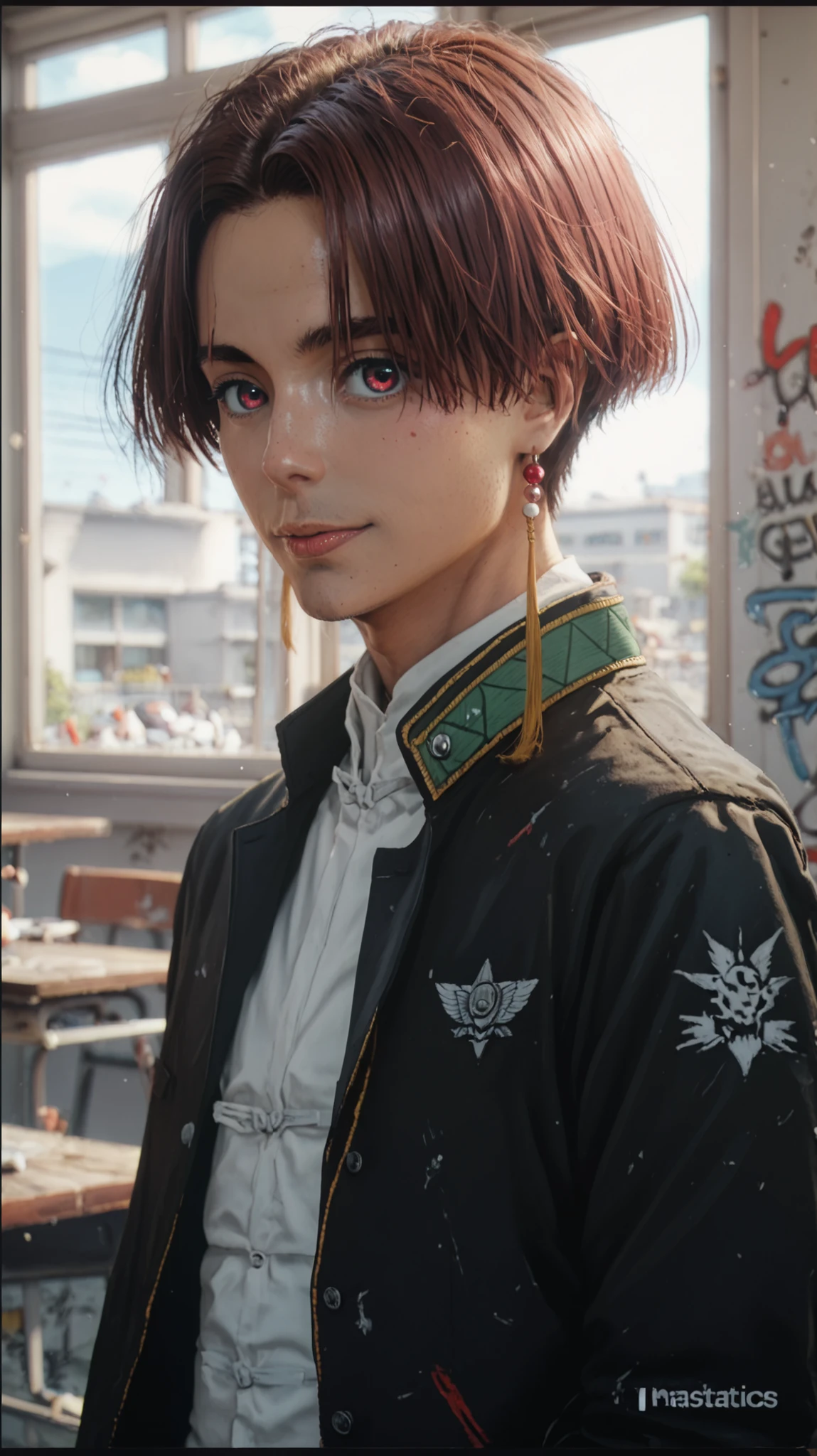 highest resolution, 4k, masterpiece: 1.3), Japanese men, highest quality, photorealestic, walls full of graffiti, sharp gaze, absurdres, highres, ultra detailed, HDR, master piece, detailed face, detailed eyes, hayato suo short hair with center parting brown, maroon eyes, brown eyebrows