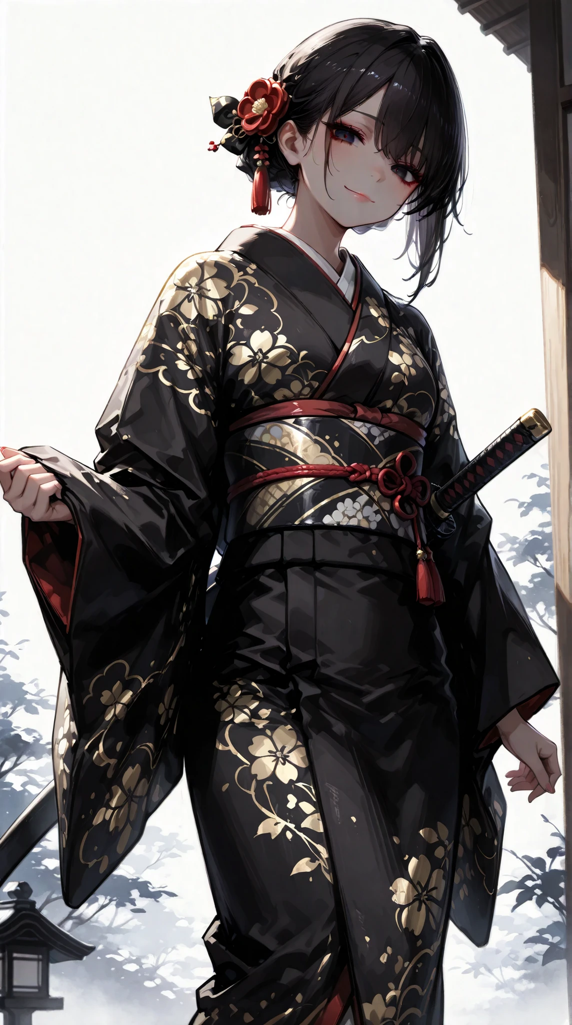 一人のdark haired長髪の少女, dark hairedの双子の尾根に細い白いハイライトが施されている, Tied with ribbon, wears an elegant kimono with delicate Japanese patterns, Her striking dark eyes shine gently., with a small smile on her lips, gives off a quiet sense of determination. , illuminated by the gentle morning light. , is painted with delicate watercolor touches (0.4) and a gentle pastel style (0.6), Super High Resolution 、combines mystical beauty and subtle strength, captures even the details of her kimono, dark haired, Background black、dark background、Above the waist、Japanese sword、dynamic pose、from below、geta