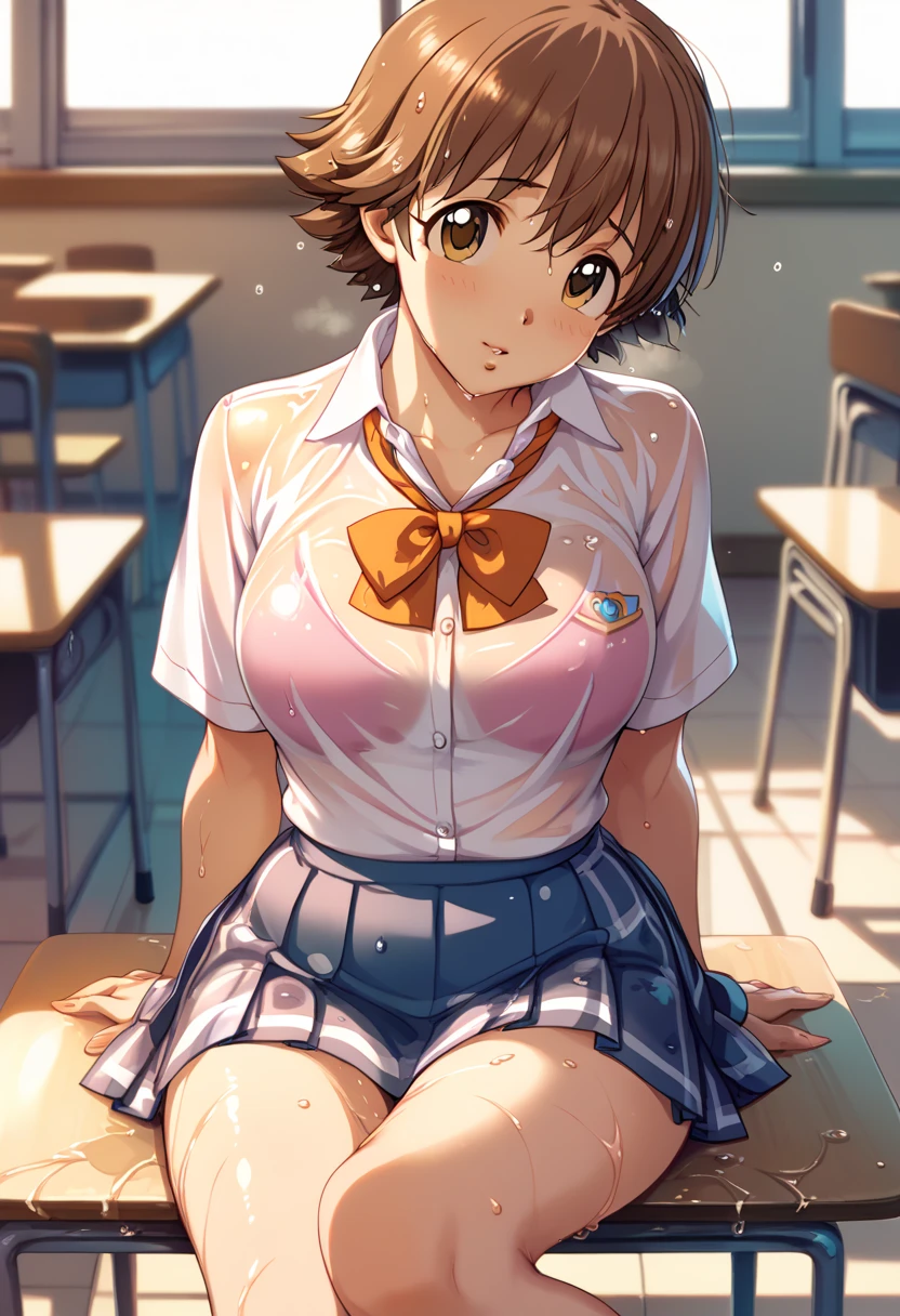 ((A woman is on all fours, ((highest quality)), (Super detailed), (Very detailed CG synthesis 8k wallpaper), very detailed, High resolution raw color photos, professional photography, ((beautiful big breasts)), brown hair, side ponytail, wonderful face and eyes, slender body, (amazingly beautiful girl), (school classroom:1.3), (blazer, white shirt, checked skirt, Red ribbon at collar), (Her shirt is open around her chest, exposing her bra, Stylish pink micro bra), Exact number of arms, Exact number of legs, perfect ???????, Angle from the side, Merula