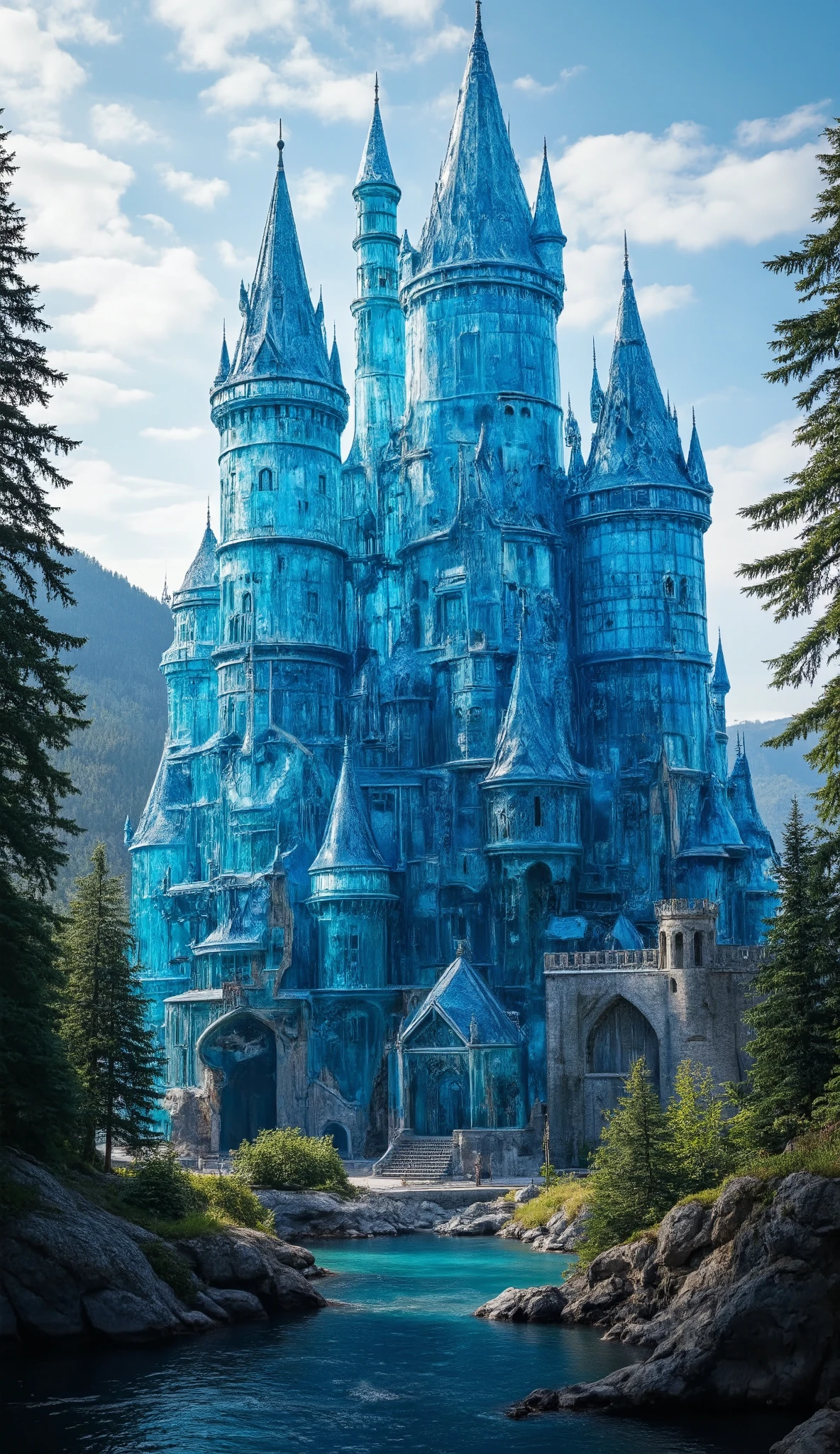 (highdefinition images:1.5)、Majestic Atmosphere,(A huge, transparent blue glass castle that seems to reach the sky:1.5),masterpiece,(highdefinition images:1.5),(top quality:1.5)、(Extremely transparent glass castle:1.5),Look Up、Blue Sky Flowing、(An old European castle with an intricate shape made of glass is being built:1.5)、German glass castles、 Scenery、Nature、high definition、photorealism, (Amazingly Detailed and Clear Glass Castle:1.5),(Neuschwanstein Castle:1.5),