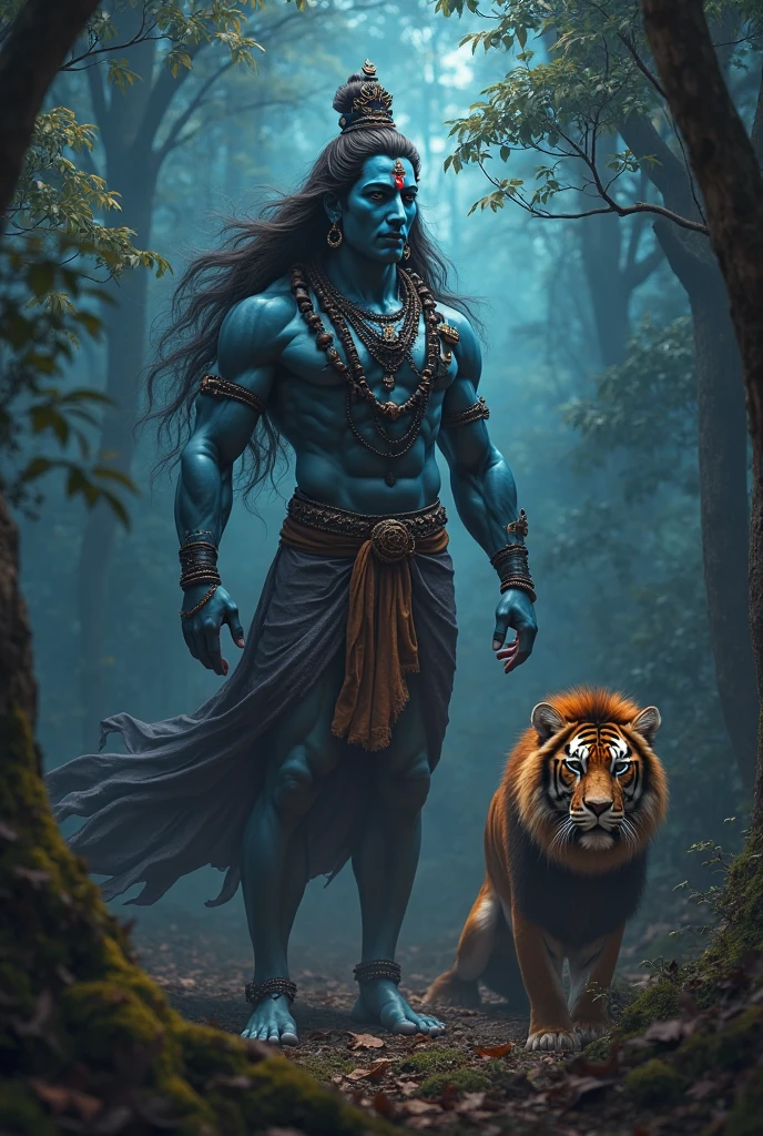 Hanumanji with lion in a natural place where stetus of lord Shiva 
