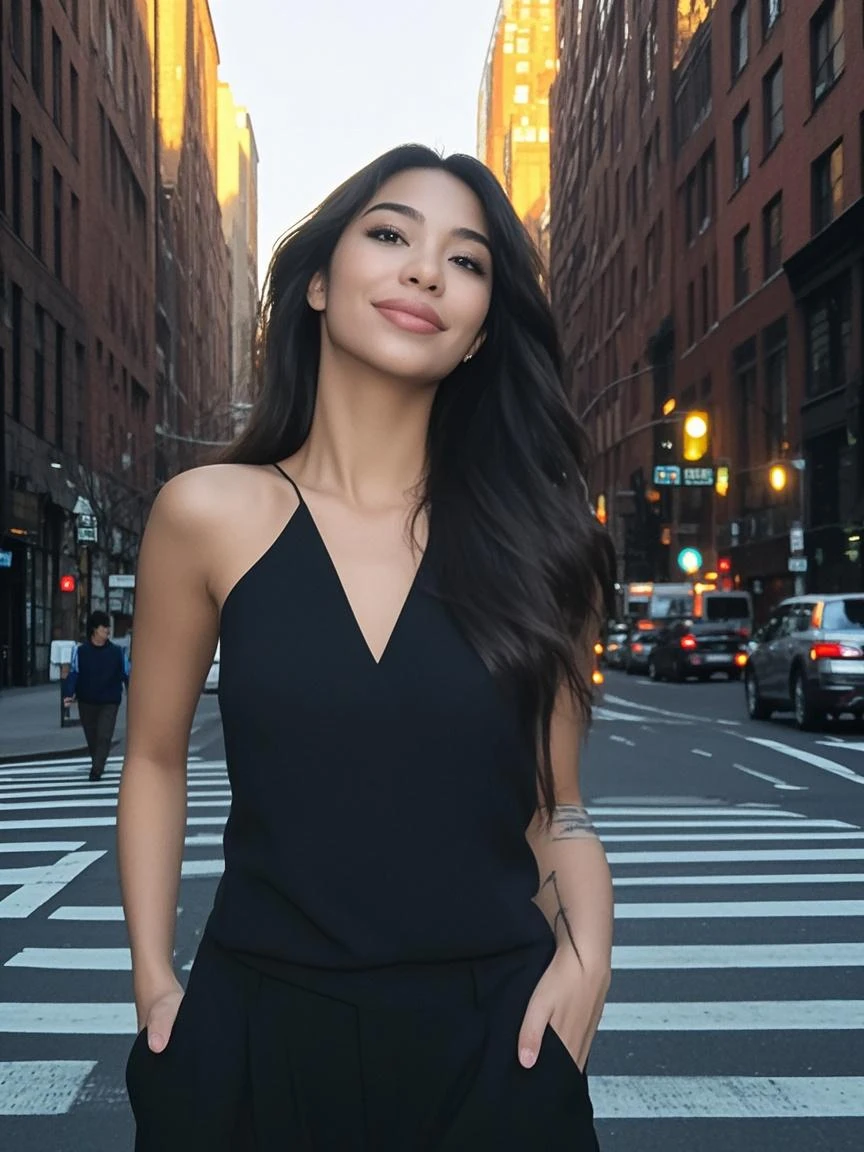 (black hair) (dark hair) (21 year old girl) (1 girl) beautiful girl smiling at the camera, somewhere in Los Angeles, cute girl, sexy, dressed in black, black attire, gorgeous