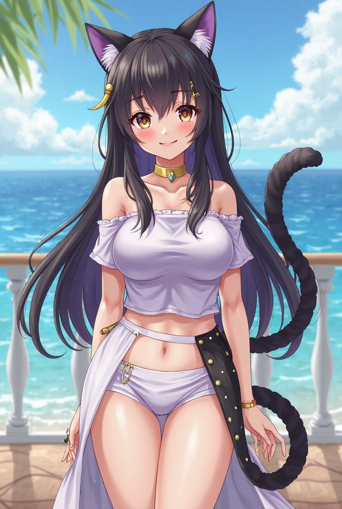 1female, solo, in her 20s, mature woman, black hair, long hair, blue eyes, cat ears, cat tail, nekomimi, medium breasts, perky breasts, full hips, amazing scenery, beautiful scenery, wearing luxurious blue lingerie, sexy underwear, smiling