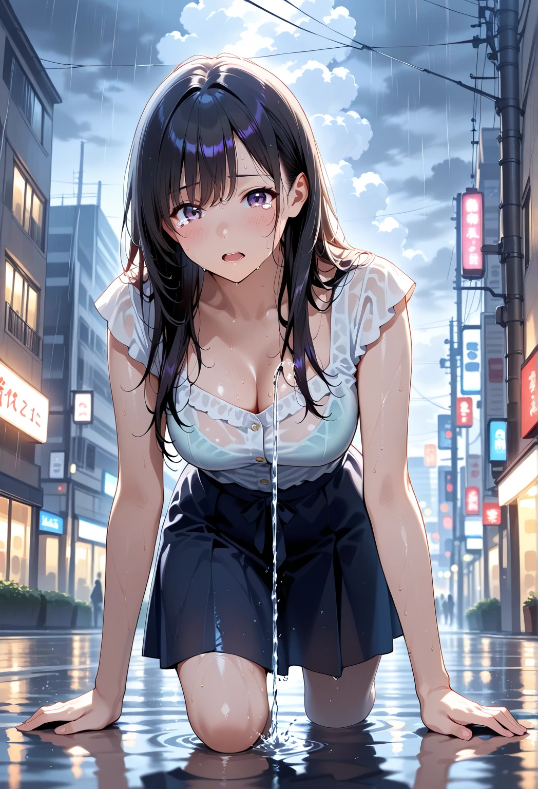 photo of a iom girl, masterpiece, high_quality,1girls,colored_inner_hair, messy_hair,Shameful_face,see-through_off-shoulder_shirt, (microskirt in string_panties),street, rain, wet, Extremely Delicate Pixiv 8K-Illustration, Best Quality, Hyper Detailed, Intricate Details, Sun Dogs Effect, Depth Of Field, Focus On Character,