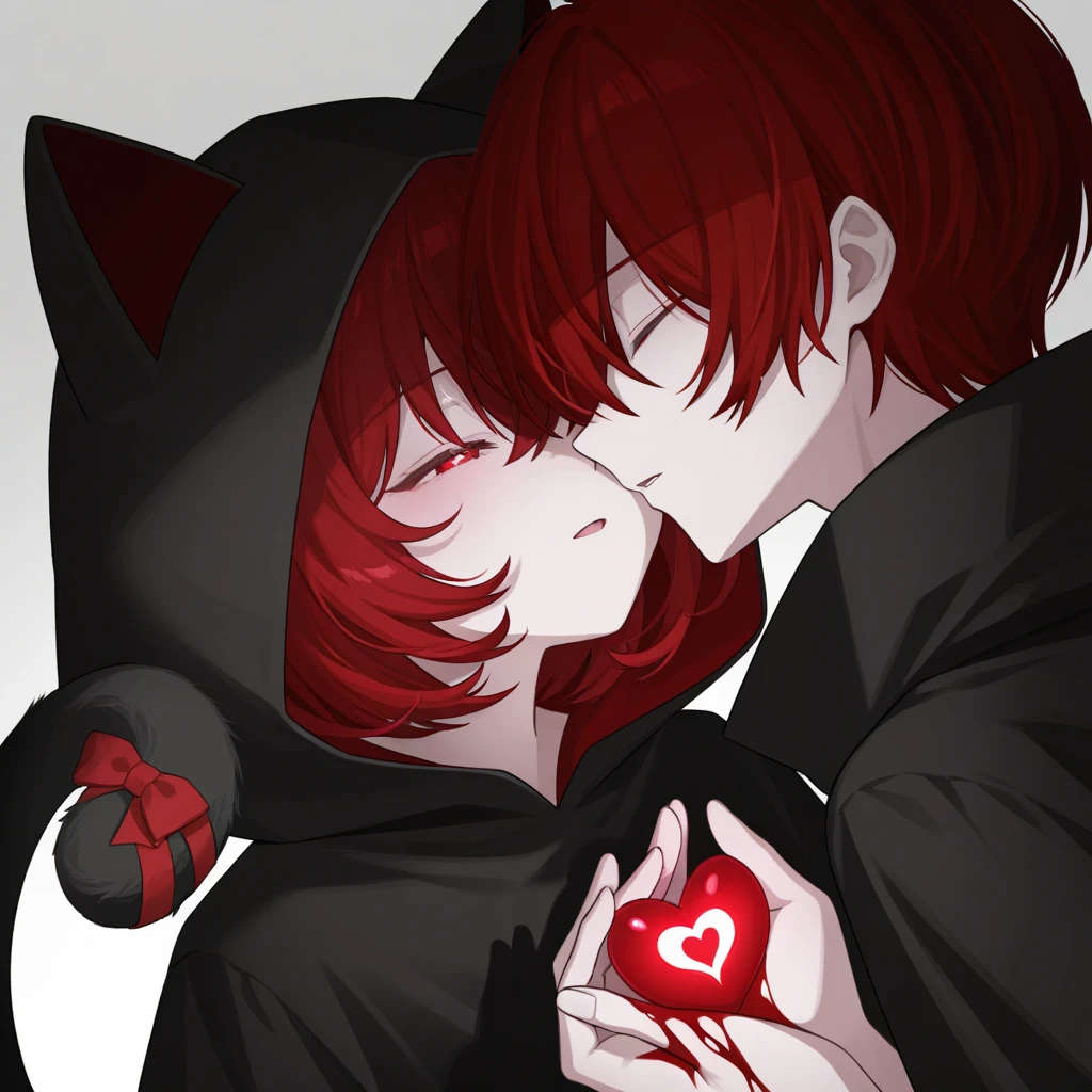 Highest image quality,black hood,((One person)), male,Cat ears,red hair,Shorthair,(( closed both eyes)),side angle,clean fingers,Black Tail,Heart on chest,big heart on palm,Heart to eye,Blood,upper body,dark shadows,In a dream,