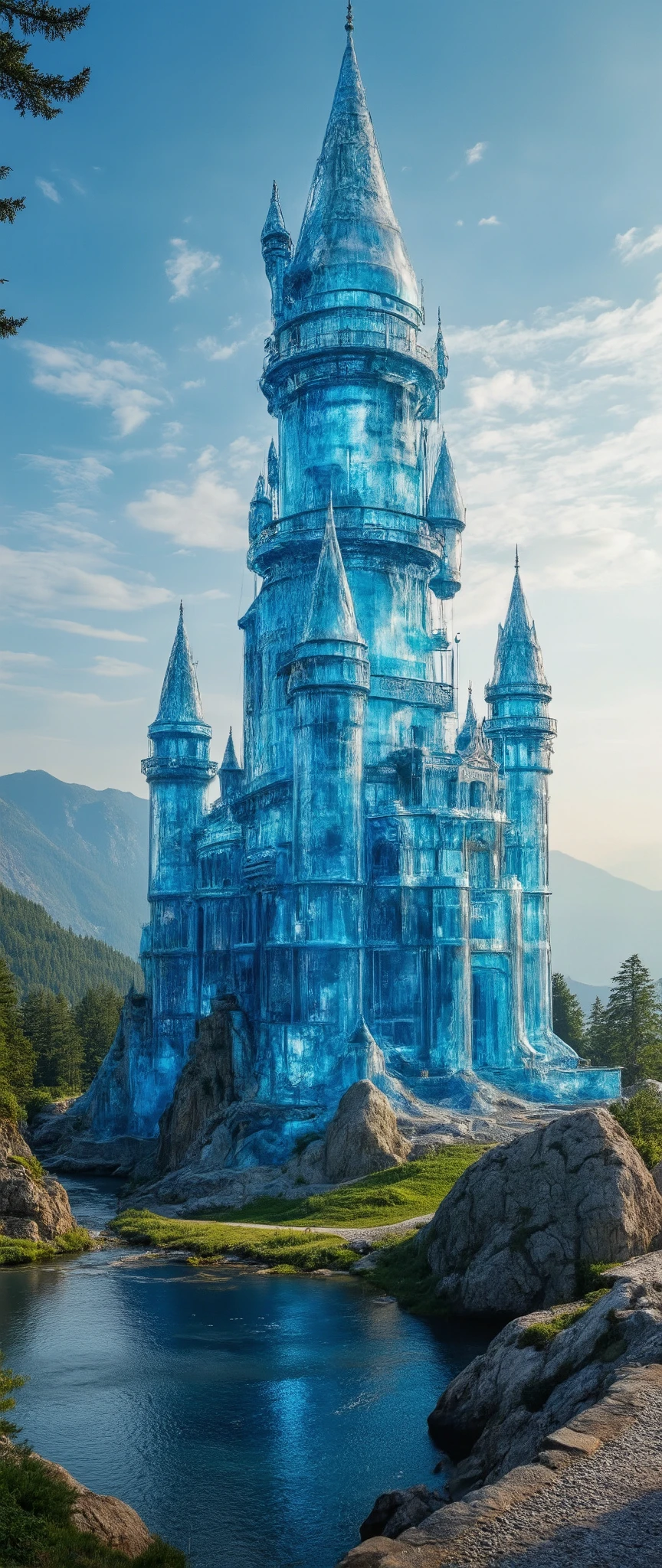 (highdefinition images:1.5)、Majestic Atmosphere,(A huge, transparent blue glass castle that seems to reach the sky:1.5),masterpiece,(highdefinition images:1.5),(top quality:1.5)、(Extremely transparent glass castle:1.5),Look Up、Blue Sky Flowing、(An old European castle with an intricate shape made of glass is being built:1.5)、German glass castles、 Scenery、Nature、high definition、photorealism, (Amazingly Detailed and Clear Glass Castle:1.5),(Neuschwanstein Castle:1.5),