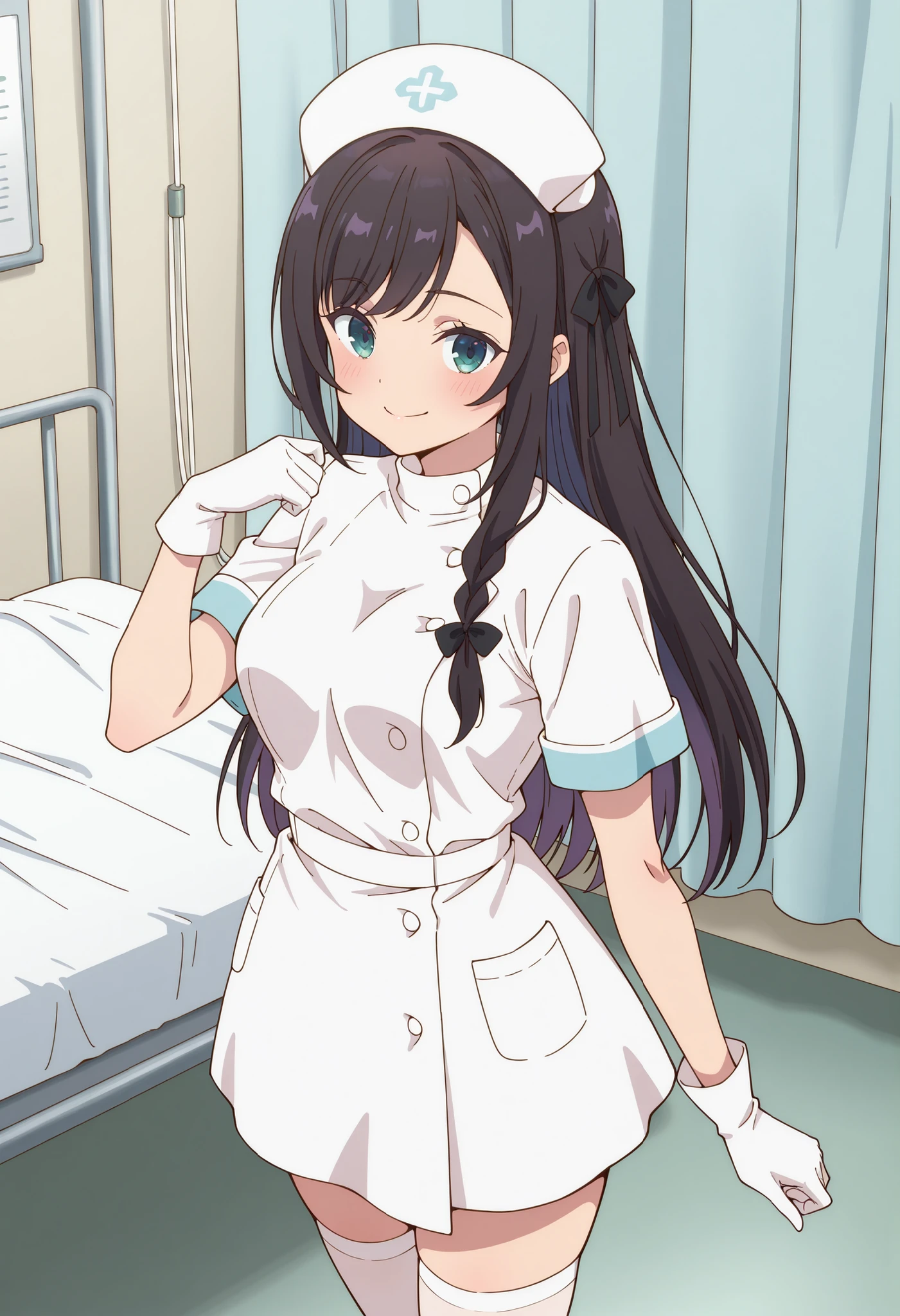 Score_9, score_8_up, score_7_up, source_anime, alina clover (girumasu), solo, long hair, multicolored hair, black hair, purple hair, swept bangs, black hair ribbon, single braid, blue eyes, (green eyes:0.8), (best quality), (high quality), {masterpiece}, extremely delicate and beautiful, ultra-detailed, beautiful detailed eyes, nurse, nurse hat, ((white nurse's outfit)), white gloves, white thighhighs, hospital room, smile, closed mouth, standing