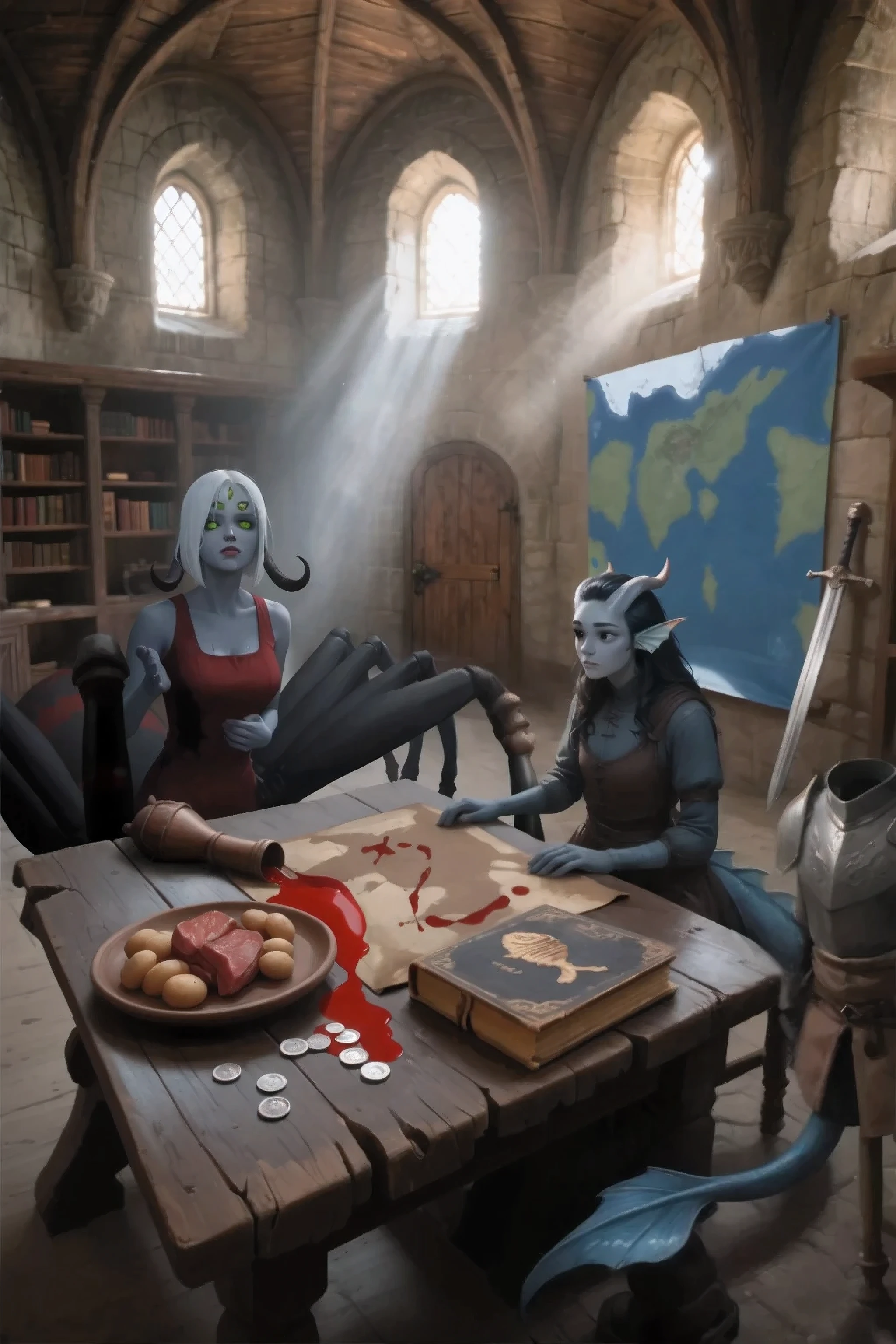 The setting consists of a medieval-style room with arched stone walls and large, sunlit windows, casting rays of light on a wooden one a. On the table, Various, such as a map with red trails, richly bound book depicting fish and a wooden plate of potatoes and meat and silver coins on the table. In the background, wooden bookshelves with books, , table that indicates a library or study environment. There are two fantastic creatures: , Gwendoline Arachne upper part is a girl smoothly flowing into the lower part of a spider with textured chitinous limbs and gray-blue skin, in a red dress, Another Cedar creature, tifling, decorated with fin-like ears, one black eye, behind, a thick tail, dressed in a dark brown simple medieval top and hands gesturing towards the map. Against the background The presence of armor and a sword, leaning against the wall, enhances the adventure, , resembling a strategic quest planning scene.