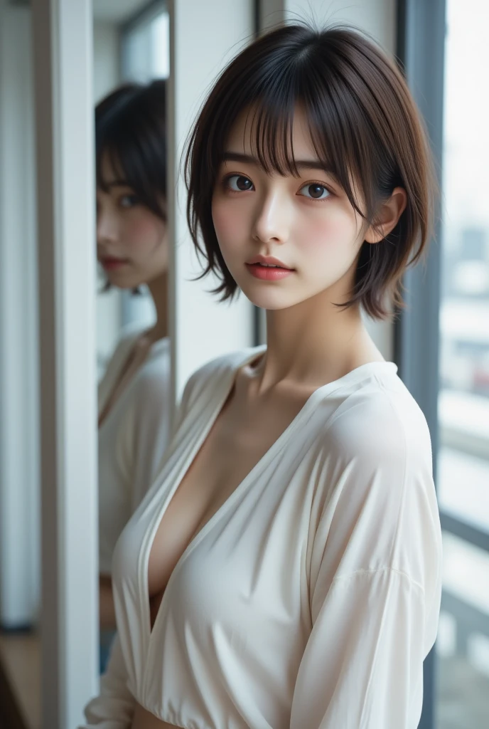 NSWF,One girl,Mature Woman,40 years old,alone,short hair,whole body,storehouse,Moody lighting,Tyndall effect,Cinema Lighting,Lens flare,Available Light,Rim Light,Curvy,Tank top,Japanese girl,