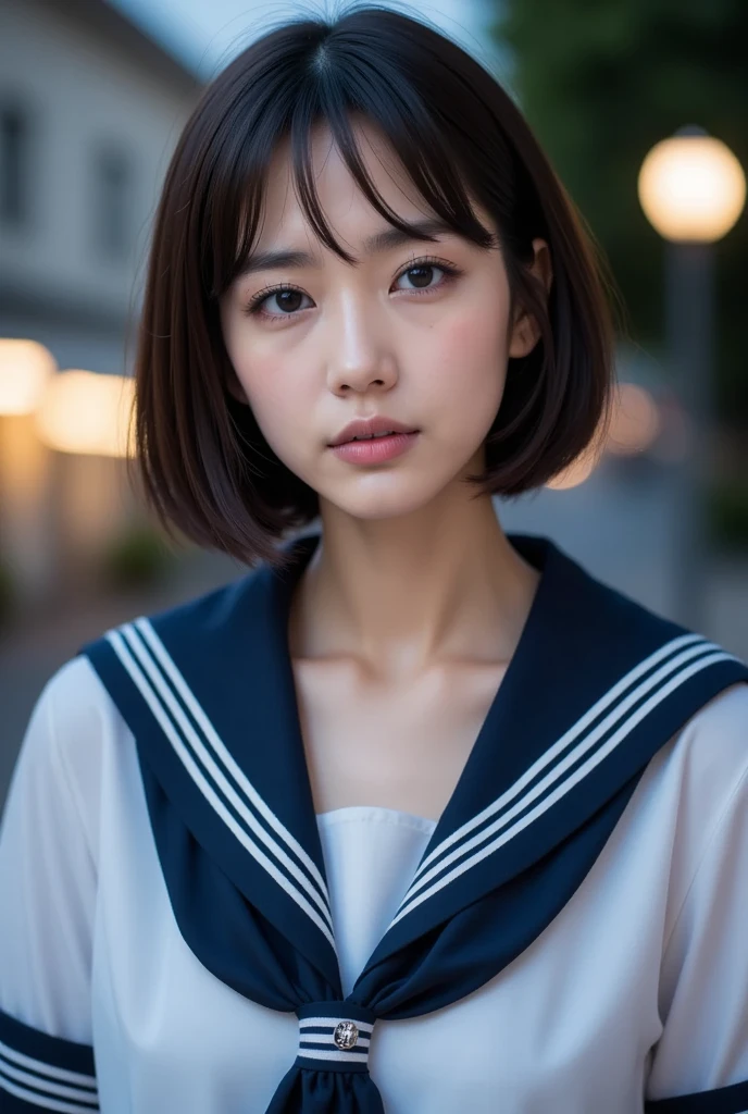 Realistic glowing skin, (sweating:1.4),Stand backwards,Look back at your face,Always look at the camera, (When the uniform gets wet with sweat, it becomes transparent..:1.4),(sweating:1.2)
Classic black and white sailor uniform,Summer clothes,Cold look,Cold Stare,Black Hair,short hair,Tie your hair short,Silky translucent white skin,best Realistic depiction,(Very detailed美しい顔), Great face and eyes, (Highest quality:1.4), (Very detailedな), (Very detailed CG 統合 8k 壁紙), Very detailed, High resolution raw color photos, Professional photography, Realistic portrait,
 (Detailed RAW photos of the girl&#39;s whole body), Canon EOS R5 250mm, Sharp focus, Cinema Lighting,  (No makeup:1.2), Fine skin, Delicate collarbone,Fine texture of the sailor uniform,Very Realistic sailor uniform texture,(Ultra-high resolution:1.6), (Realistic:1.6), 