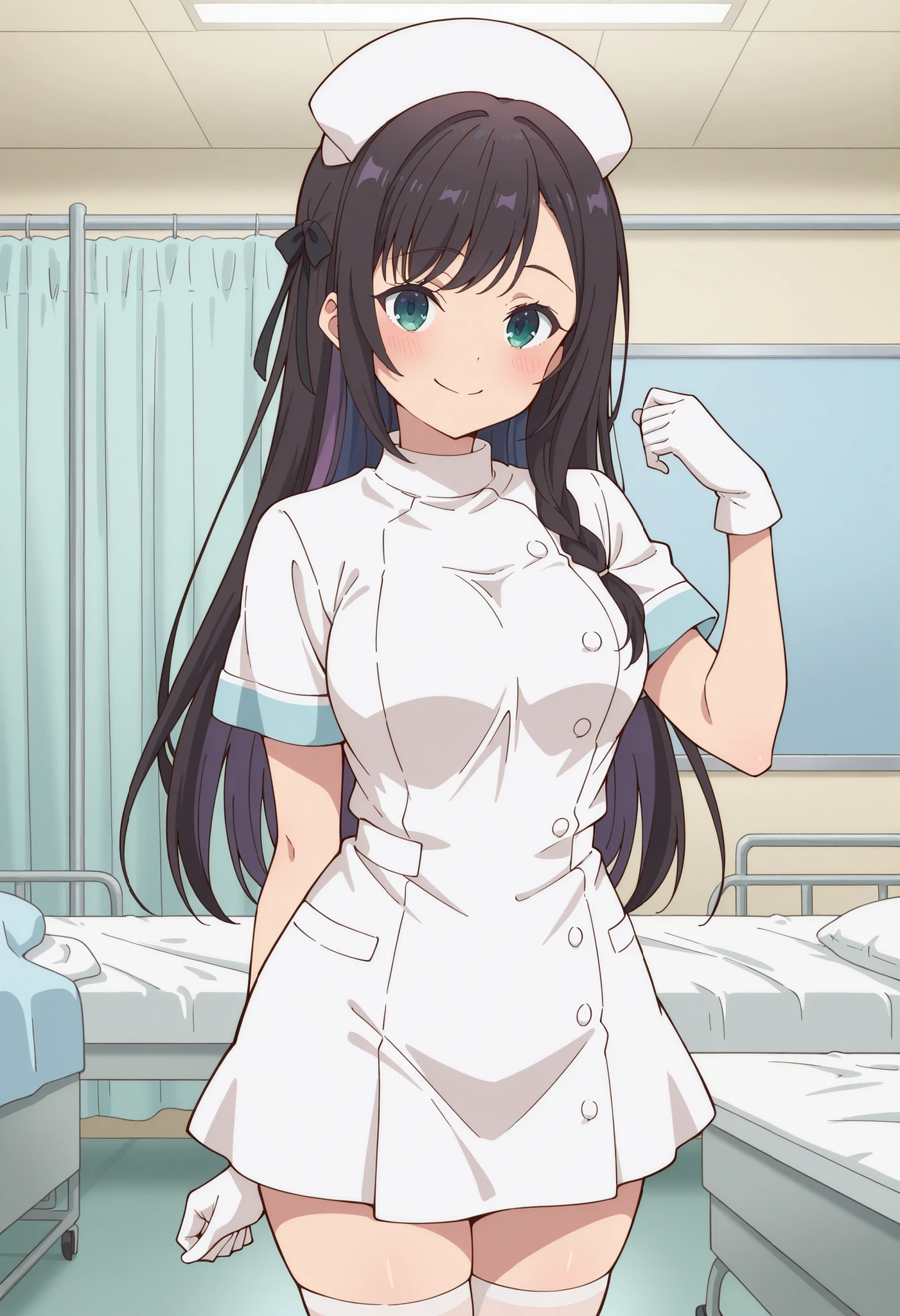 Score_9, score_8_up, score_7_up, source_anime, alina clover (girumasu), solo, long hair, multicolored hair, black hair, purple hair, swept bangs, black hair ribbon, single braid, blue eyes, (green eyes:0.8), (best quality), (high quality), {masterpiece}, extremely delicate and beautiful, ultra-detailed, beautiful detailed eyes, nurse, nurse hat, ((white nurse's outfit)), white gloves, white thighhighs, hospital room, smile, closed mouth, standing
