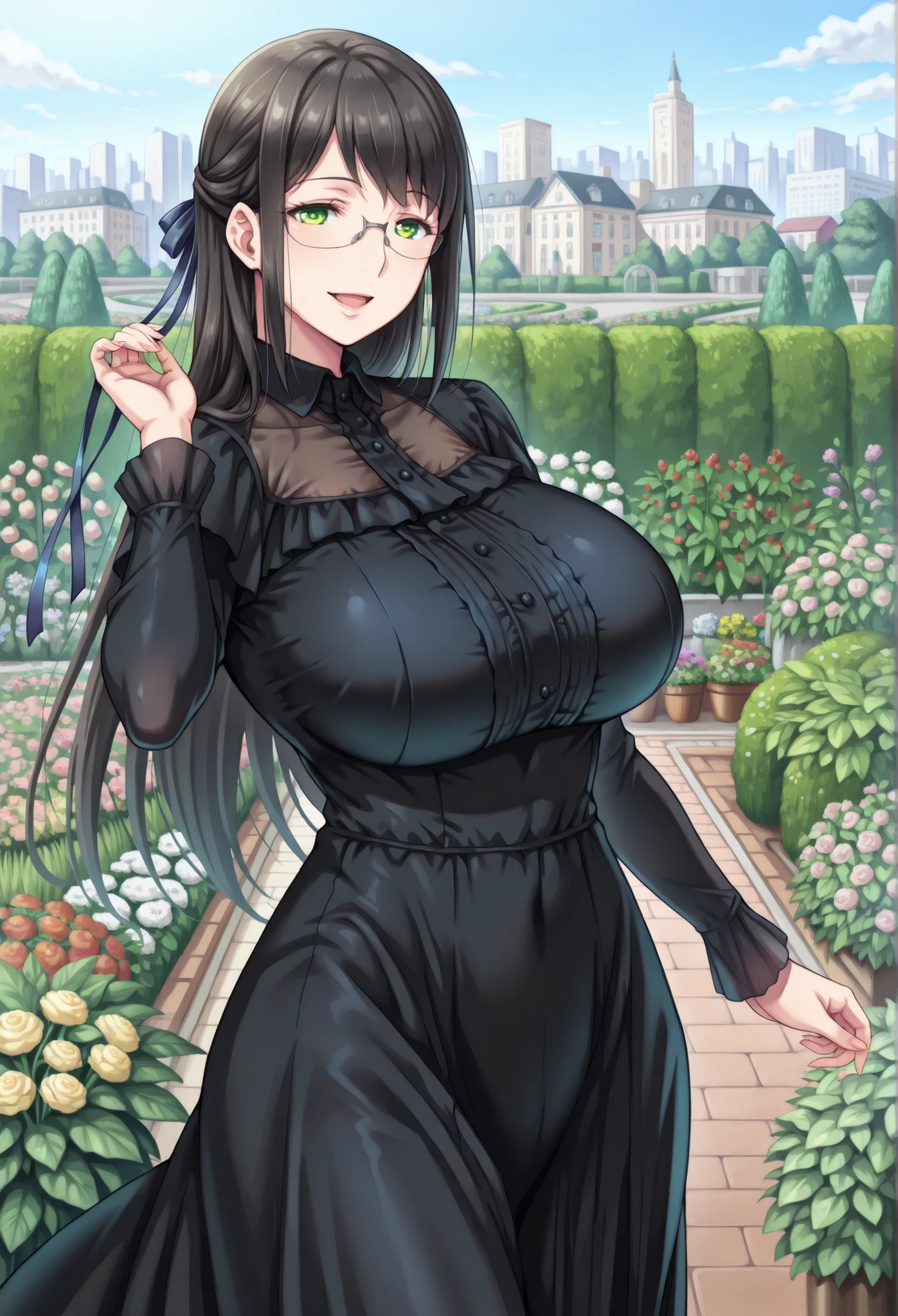 ,hanyuyuzuki, 1girl, solo, rimless eyewear, black hair, green eyes,long hair, smile,open mouth, looking at viewer,(cowboy shot:1.5),mature female,masterpiece,best quality,high quality, (( ( lady, vicdress, Black Victorian Dress, black dress, ribbon, garden,) big breasts, city,))), (((Sexy,)))