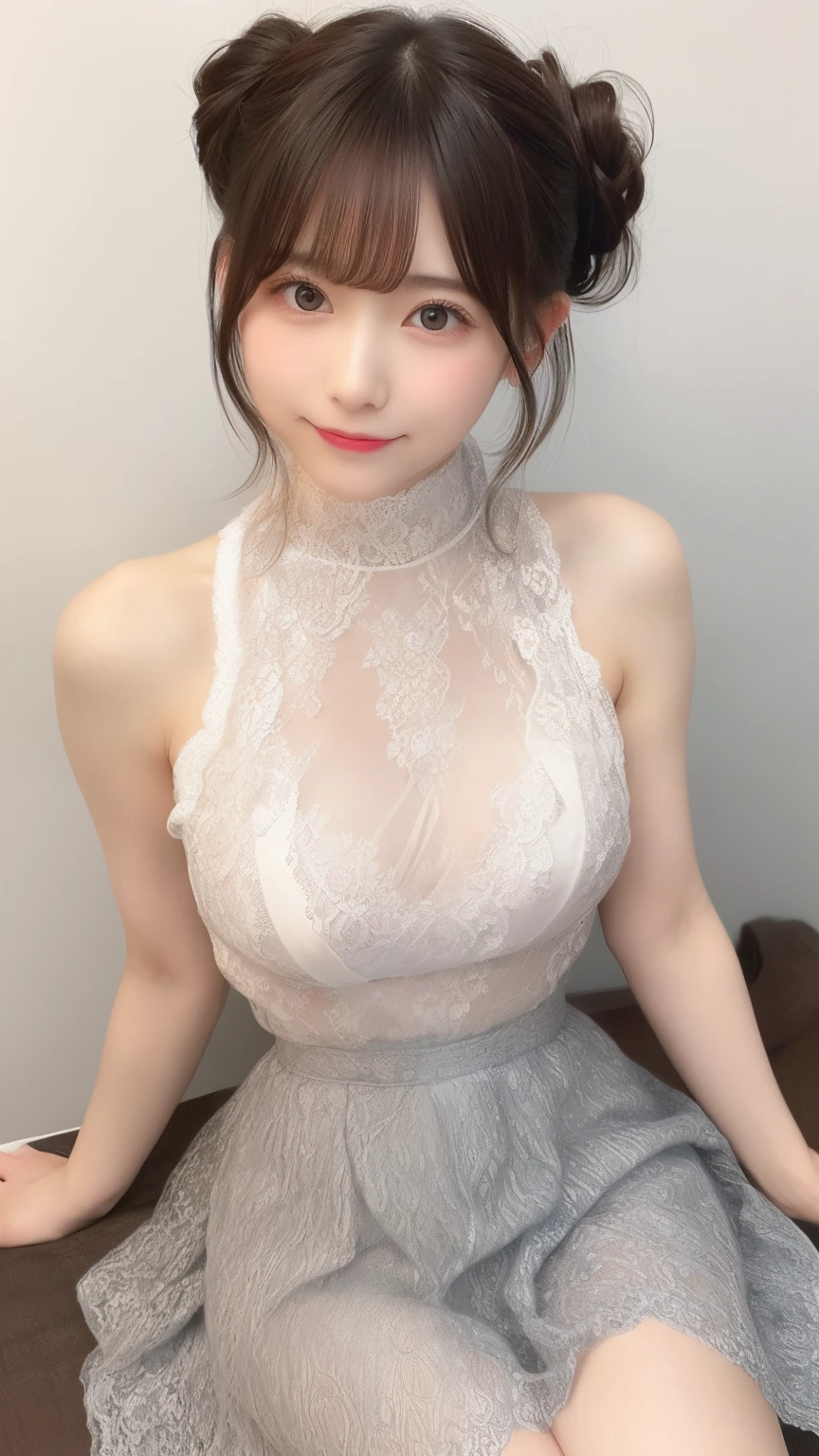 (High neck lace outfit、Ample breasts、Be sexually aroused、Put your legs out of the lace skirt、Very small waist,nsfw)、(beautiful girl、Fine eye、No makeup)、(Best Quality、masterpiece:1.3、Ultra-high resolution)、(Very detailed、Ample breasts)、From above、1 Japanese girl、superb smile、cute、Cinema Lighting、Professional Lighting、Depth of written boundary、lace in pastel colors、chromatic aberration、Caustics、({ 1$$ | French twist hair | chignon hair | medium hair | hime cut hair | half updo hair | ponytail hair | side ponytail hair | wavy hair | messy bun hair | })