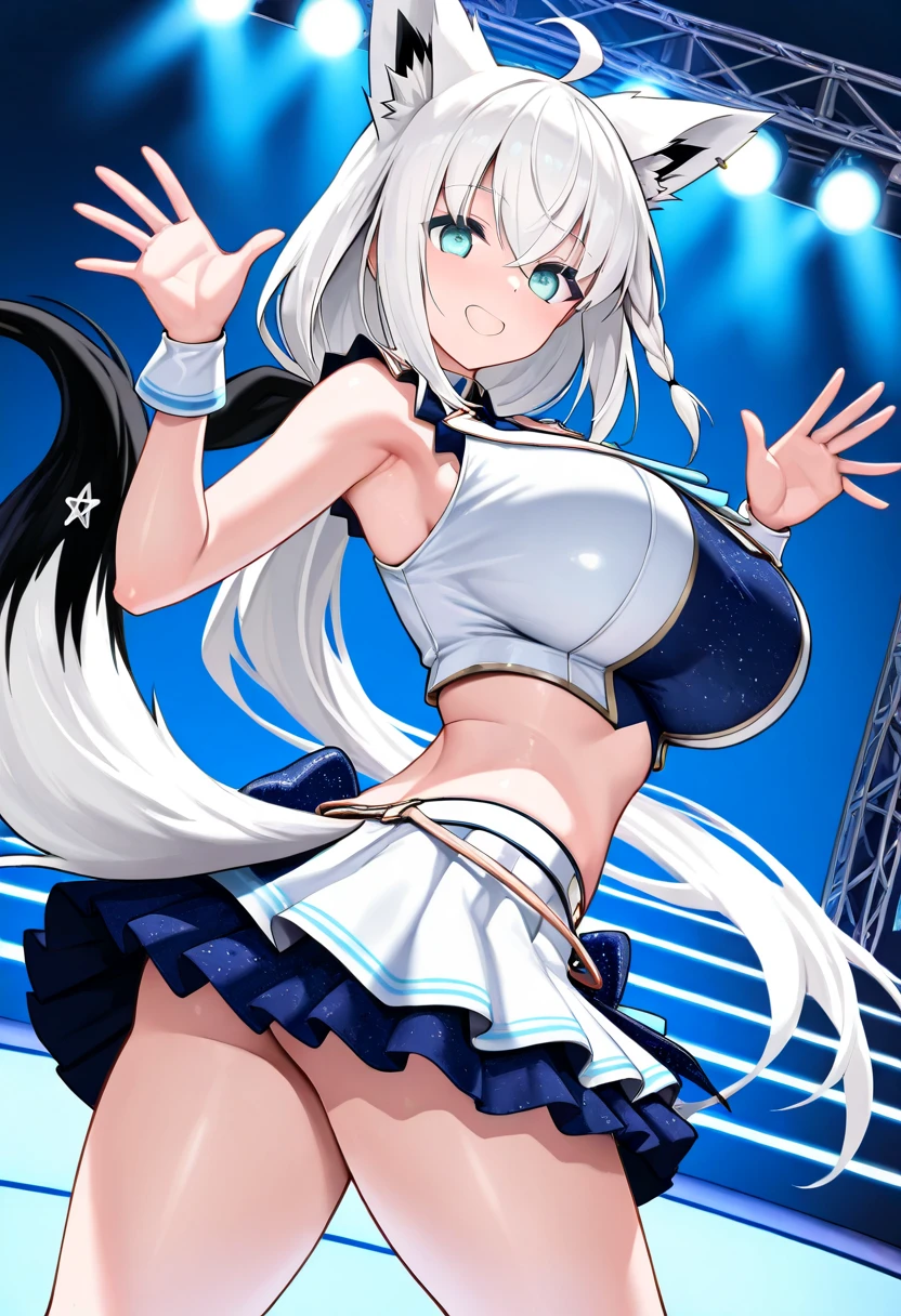 Grey Hair, long hair, Purple eyes, live stage, large breasts,, Live Stage, solo ,nsfw, nipple