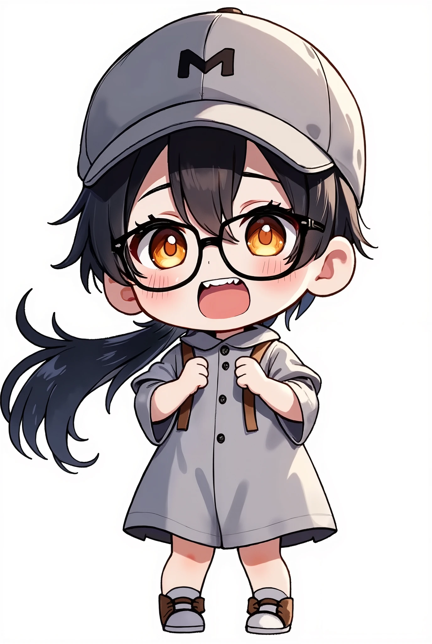 (Masterpiece, absurdres, topquality, highres) 1boy, solo, brown skin, brown eyes, black rimmed eyeglasses, long hair, black hair, wavy hair, low ponytail, grey baseball cap, grey button shirt, folded sleeves, looking at viewer, front view, body front, cowboy shot, chibi style, chibi anime, open mouth, eyes closed, shouting, standing, white background