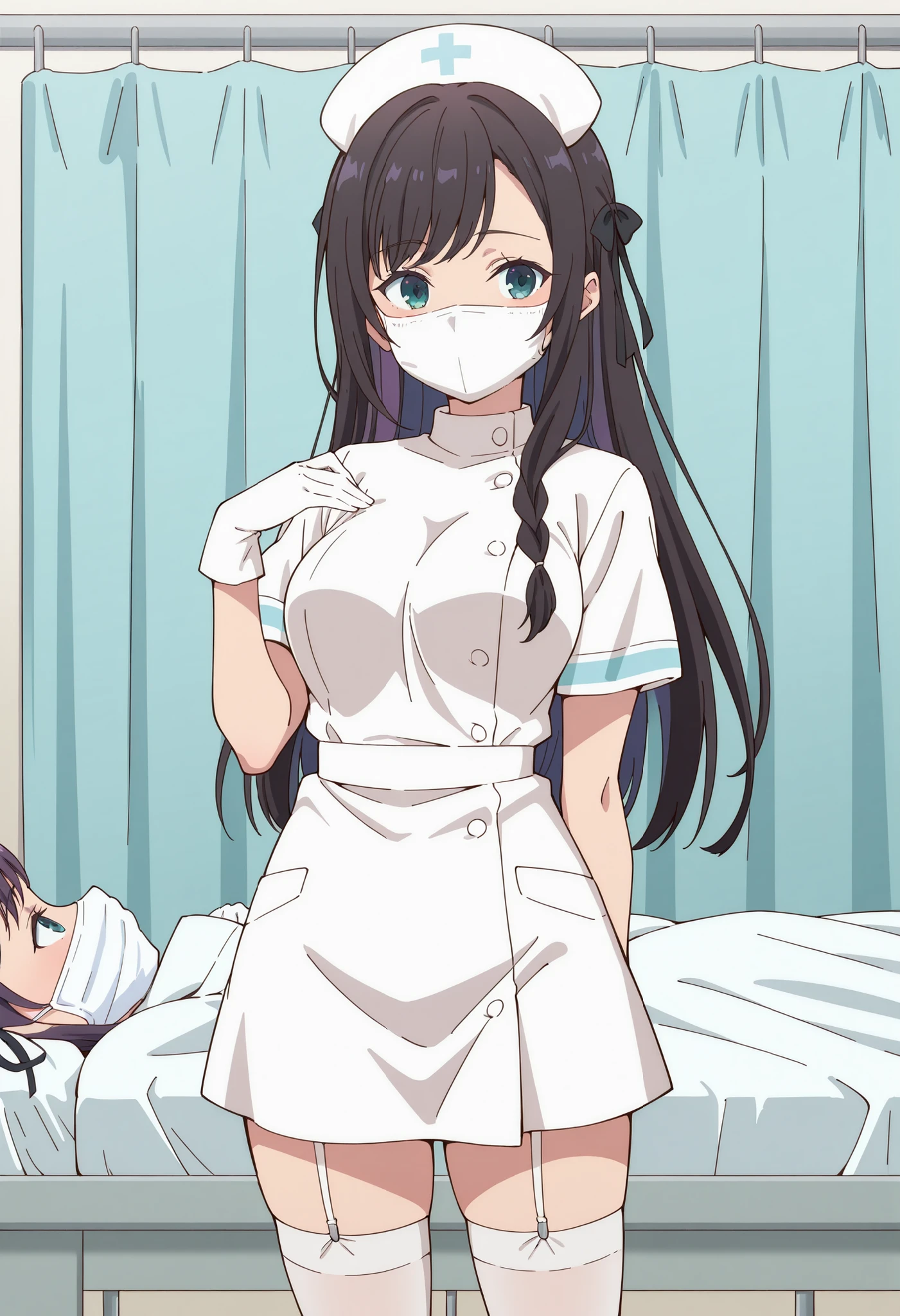 Score_9, score_8_up, score_7_up, source_anime, alina clover (girumasu), solo, long hair, multicolored hair, black hair, purple hair, swept bangs, black hair ribbon, single braid, blue eyes, (green eyes:0.8), (best quality), (high quality), {masterpiece}, extremely delicate and beautiful, ultra-detailed, beautiful detailed eyes, nurse, nurse hat, ((white nurse's outfit)), white gloves, white thighhighs, hospital room, ((white mask, mouth mask, covered nose)), standing
