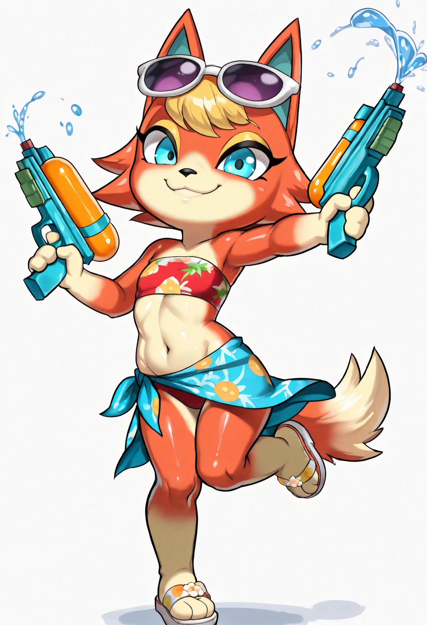 anthro, score_9, score_8_up, score_7_up, furry, fur, face, Audie_\(animal_crossing\), orange fur color, two-tone fur, blue eyes, blonde hair, short hair, ((sunglasses, red bundeau , blue sarong, sandals)), furry girl, smile, countershading, glistering body, shiny body, cocothemunchkin, white background, simple background, confident, smile, :3, full body, feets with three toes, navel, chibi, ((short body, tiny body, big head)), holding a toy weapon with one hand, water gun, short stature, presenting front, smile, , jumping, one leg up, 