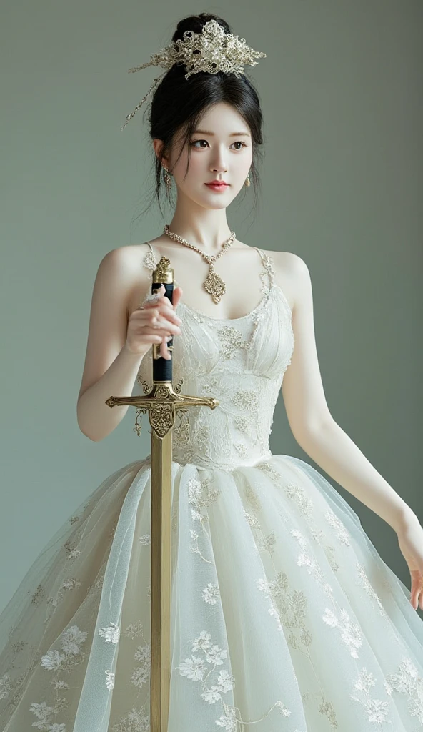 Wearing a white dress，Anime girl holding a sword, Simple Futuristic Queen, Giantess Art, Anime Goddess, pin up. lord of daggers, She is approaching heaven, She holds a sword, Inspired by Hajime Sorayama, Japanese Lightning Goddess, She holds a samurai sword, Beautiful fantasy queen, Milky Way Goddess