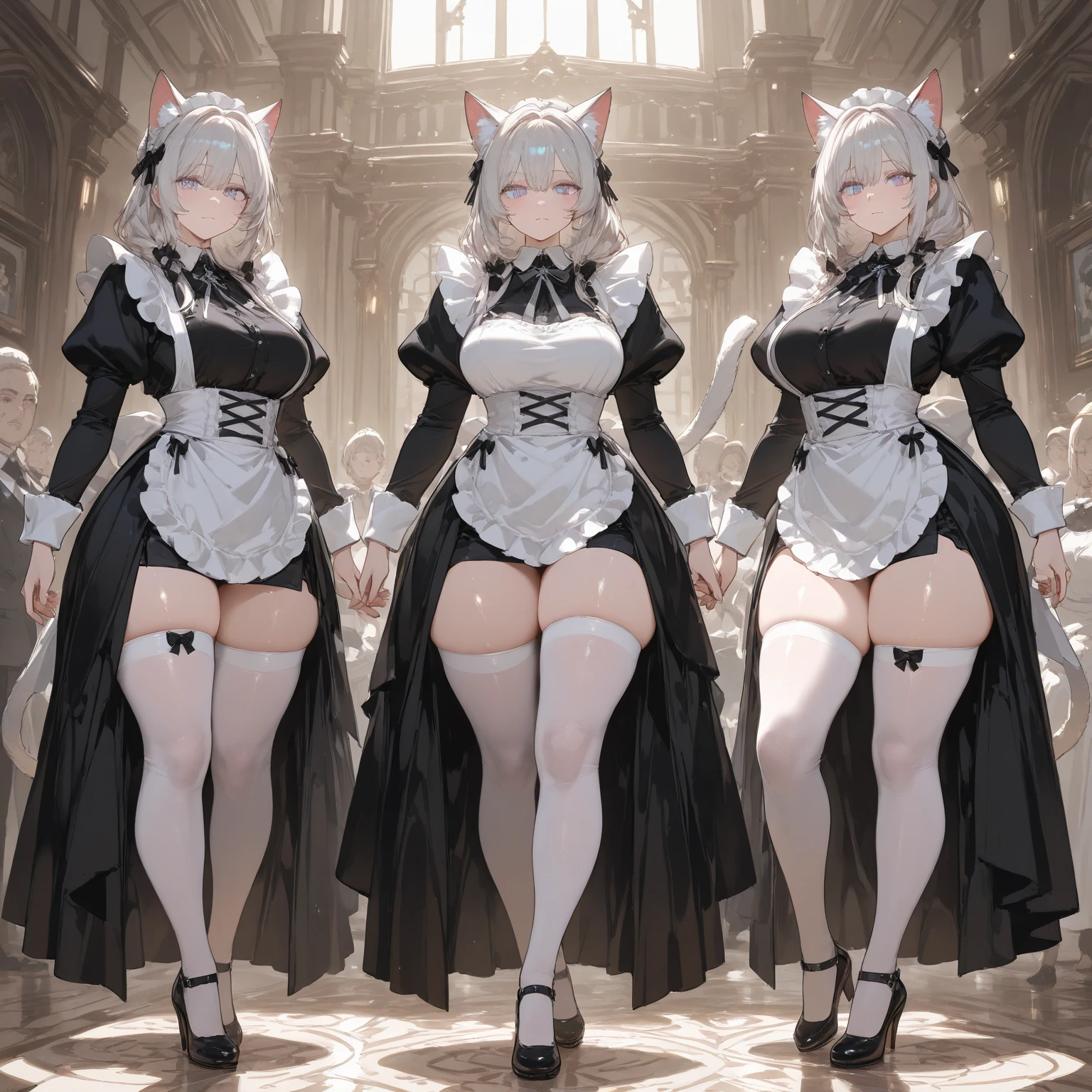 Maid clothes、 Medieval Fantasy、Knight Woman(Cross Necklace noble),vampire、 4 poses,(Character Sheet:1) (Multiple Views Full Body Upper Body Reference Sheet:1)