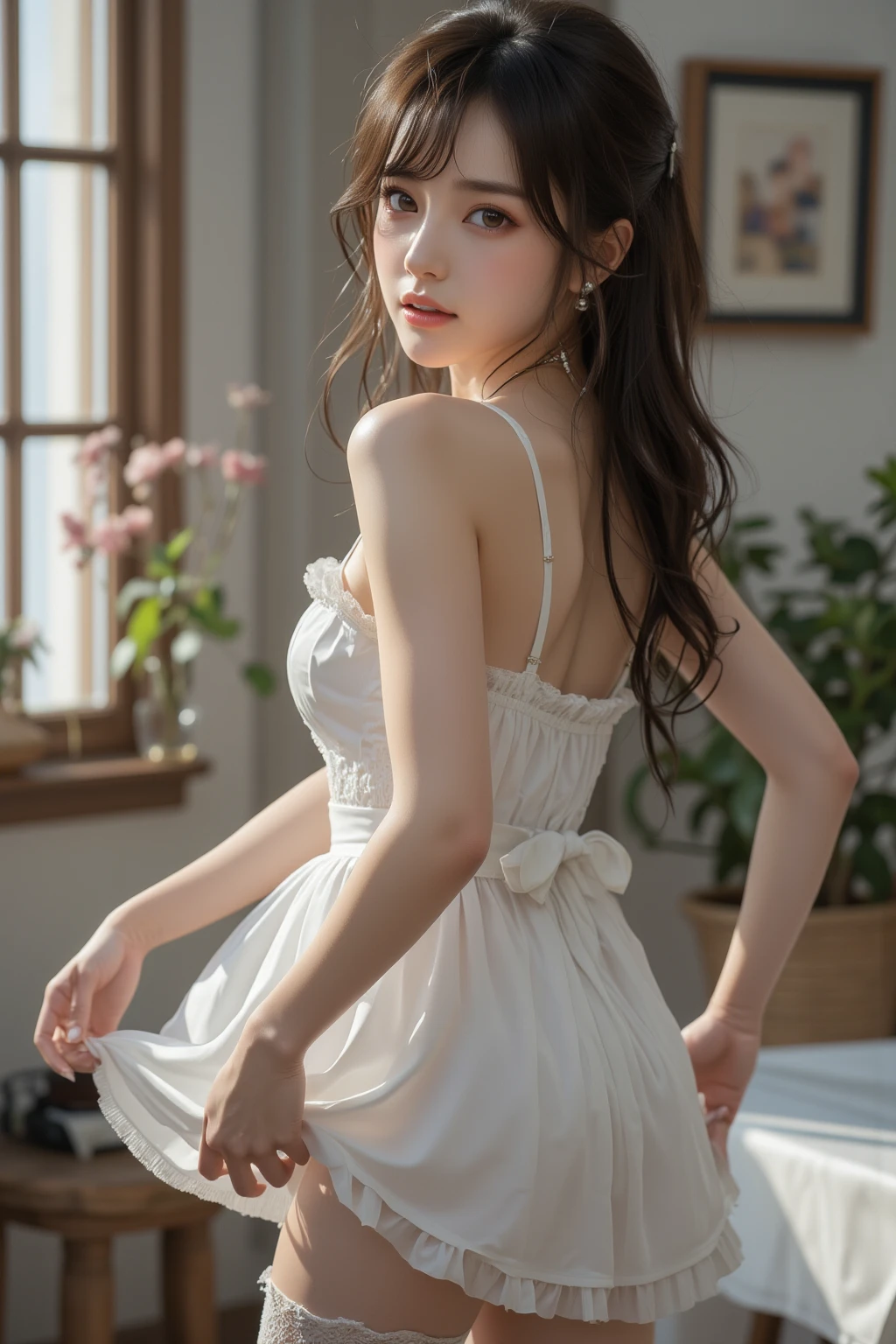 ​masterpiece、ultra-detailliert、top-quality、Raw photo、(Photorealsitic:1.1)、ighly detailed、1 girl in、Beautiful fece、a smile、Taut、Detailed hair of brown midi、(brown-eyed)、de pele branca、from the front side、Soft light、Depth Field 、Night nightgown with lace、Full body like、toned waist、Beautiful butt、Big beautiful eyes、(((Jojo Standing)))