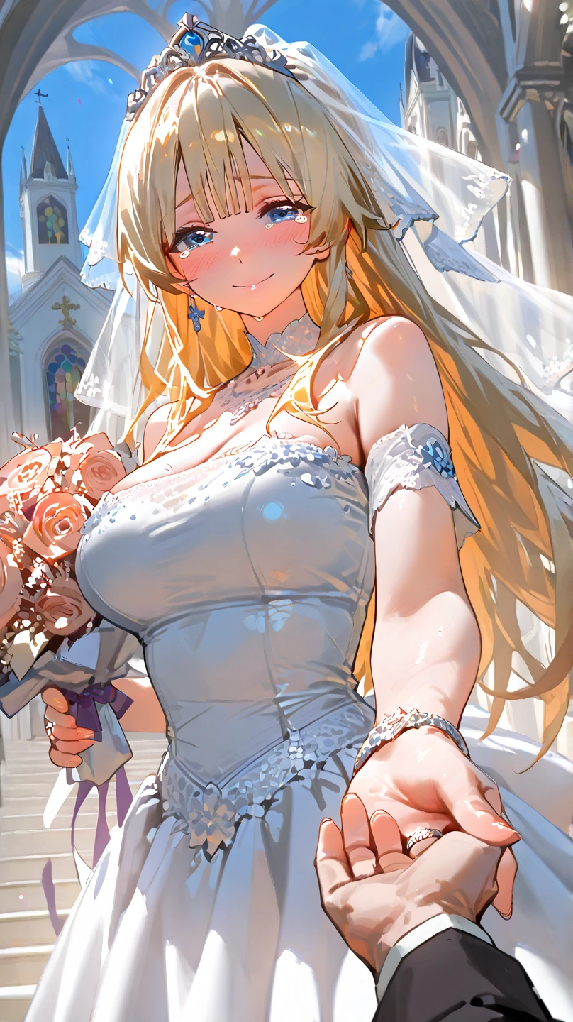 A woman with big ,Beautiful bride,Light blond long hair,Blue Eyes,clavicle,(Transparent wedding dress:1.2),weak,Sexy,Color,lactation,(blush),Bright Light,In the church,blue Rose,