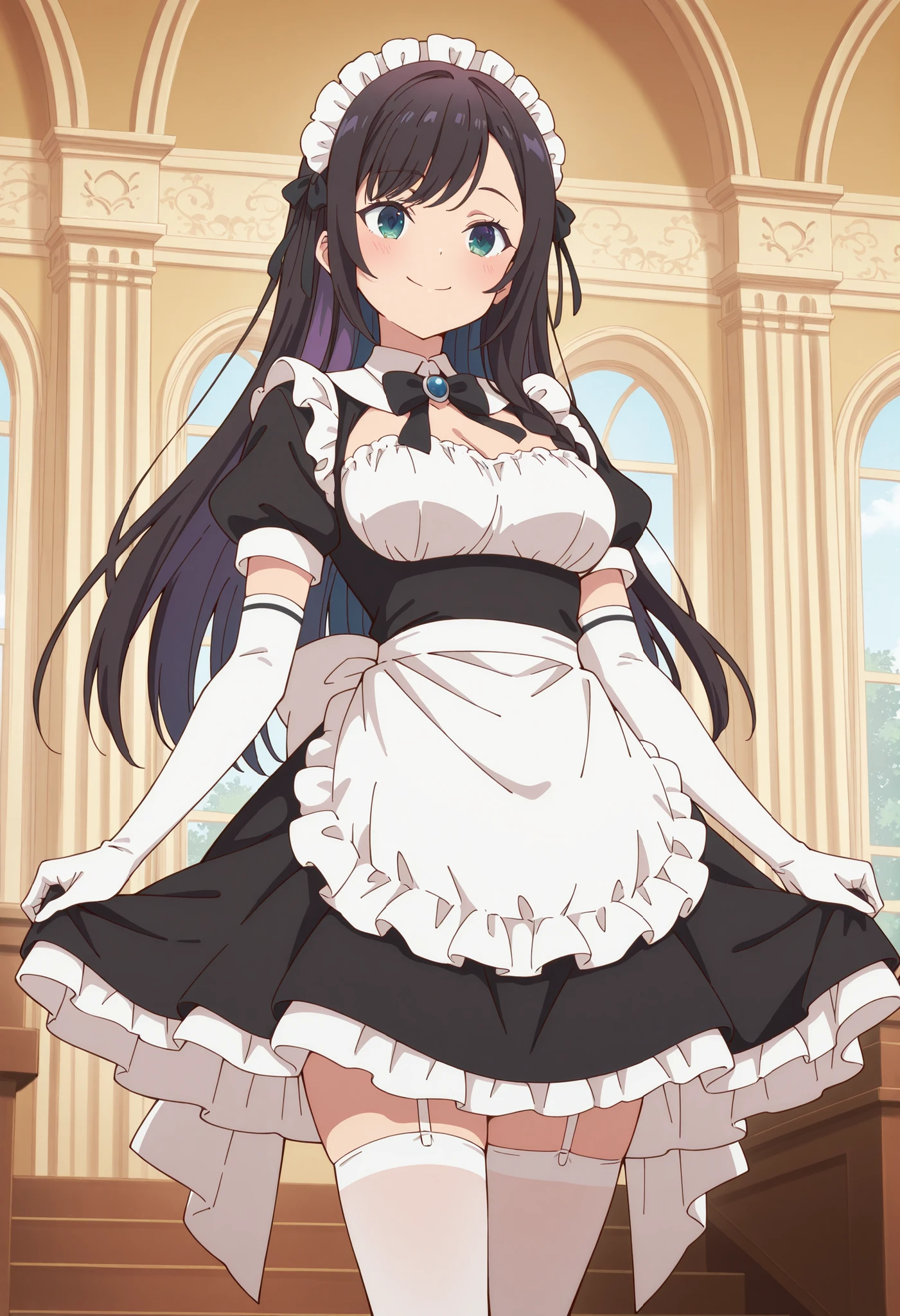 Score_9, score_8_up, score_7_up, source_anime, alina clover (girumasu), solo, long hair, multicolored hair, black hair, purple hair, swept bangs, black hair ribbon, single braid, blue eyes, (green eyes:0.8), (best quality), (high quality), {masterpiece}, extremely delicate and beautiful, ultra-detailed, beautiful detailed eyes, maid, black maid costume, short sleeves, puffy sleeves, white headdress, white frilled apron, white elbow gloves, white thighhighs, mansion, indoor, smile, closed mouth, standing