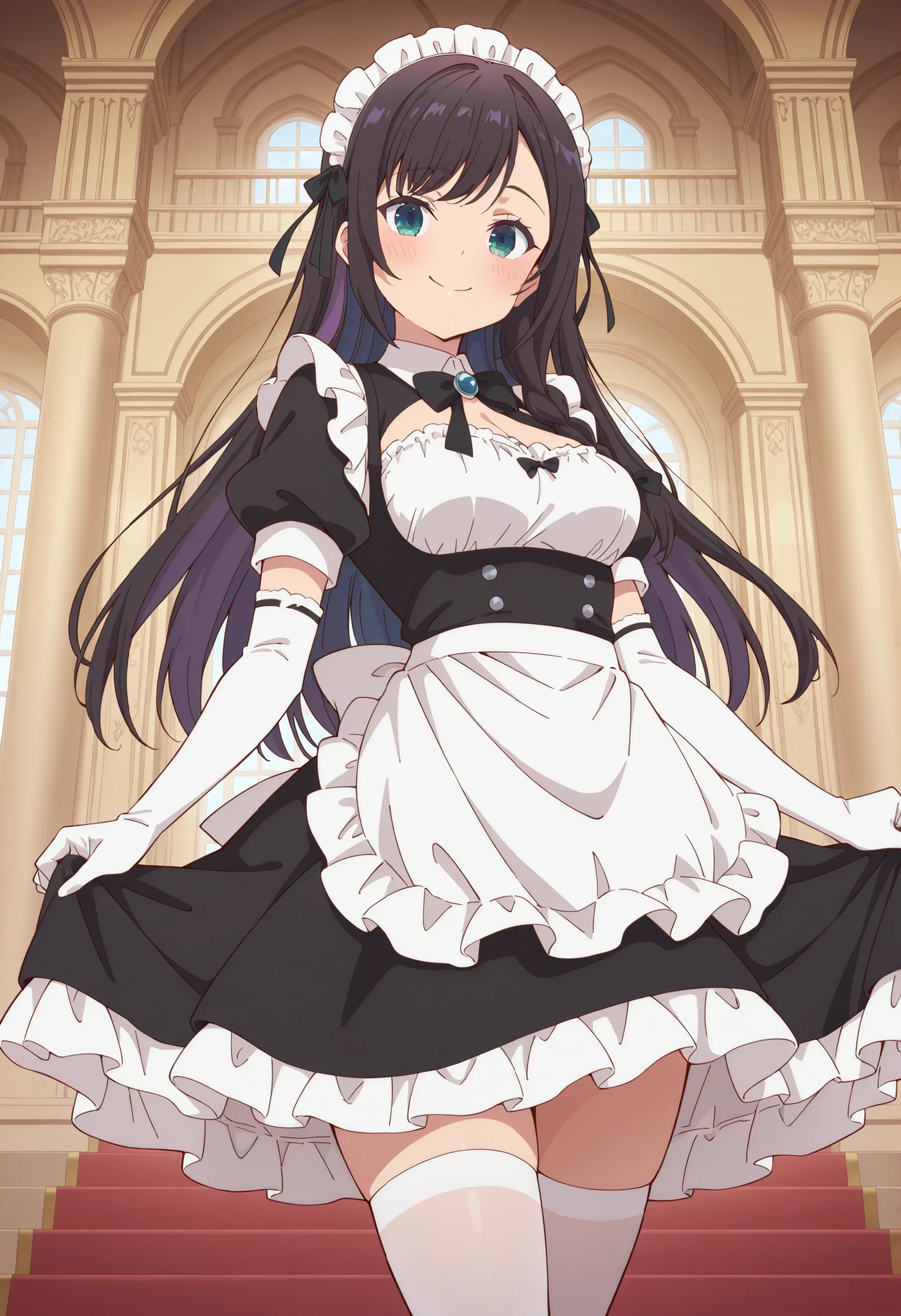 Score_9, score_8_up, score_7_up, source_anime, alina clover (girumasu), solo, long hair, multicolored hair, black hair, purple hair, swept bangs, black hair ribbon, single braid, blue eyes, (green eyes:0.8), (best quality), (high quality), {masterpiece}, extremely delicate and beautiful, ultra-detailed, beautiful detailed eyes, maid, black maid costume, short sleeves, puffy sleeves, white headdress, white frilled apron, white elbow gloves, white thighhighs, mansion, indoor, smile, closed mouth, standing