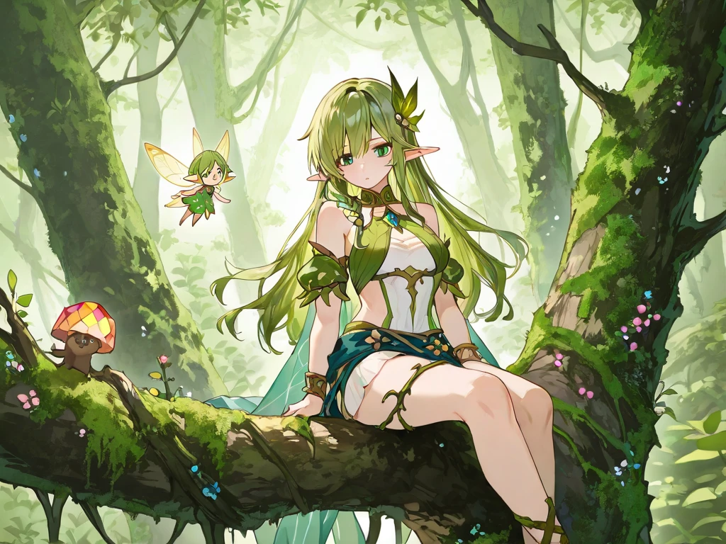 score_9, score_8_up, score_7_up, score_6_up, score_5_up, score_4_up, hair ornament, 1girl, solo, flower, green hair, green eyes, long hair, barefoot, anklet, hair flower, sitting, jewelry, wings, breasts, butterfly, looking at viewer, bug, bracelet, green dress, bare shoulders, very long hair, outdoors, closed mouth, day, collarbone, dress, bangs, hair between eyes, see-through, tree, fairy wings, cleavage, navel, sleeveless, blue butterfly, branch, sky, bare legs, in tree, cloud, plant, yellow flower, water, bare arms, arms at sides, nature, blue sky, medium breasts, sleeveless dress, thighlet, expressionless, clothing cutout, small breasts, transparent wings, full body, leaf