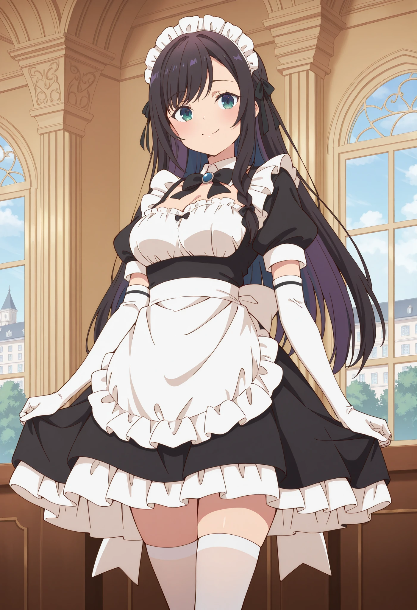 Score_9, score_8_up, score_7_up, source_anime, alina clover (girumasu), solo, long hair, multicolored hair, black hair, purple hair, swept bangs, black hair ribbon, single braid, blue eyes, (green eyes:0.8), (best quality), (high quality), {masterpiece}, extremely delicate and beautiful, ultra-detailed, beautiful detailed eyes, maid, black maid costume, short sleeves, puffy sleeves, white headdress, white frilled apron, white elbow gloves, white thighhighs, mansion, indoor, smile, closed mouth, standing