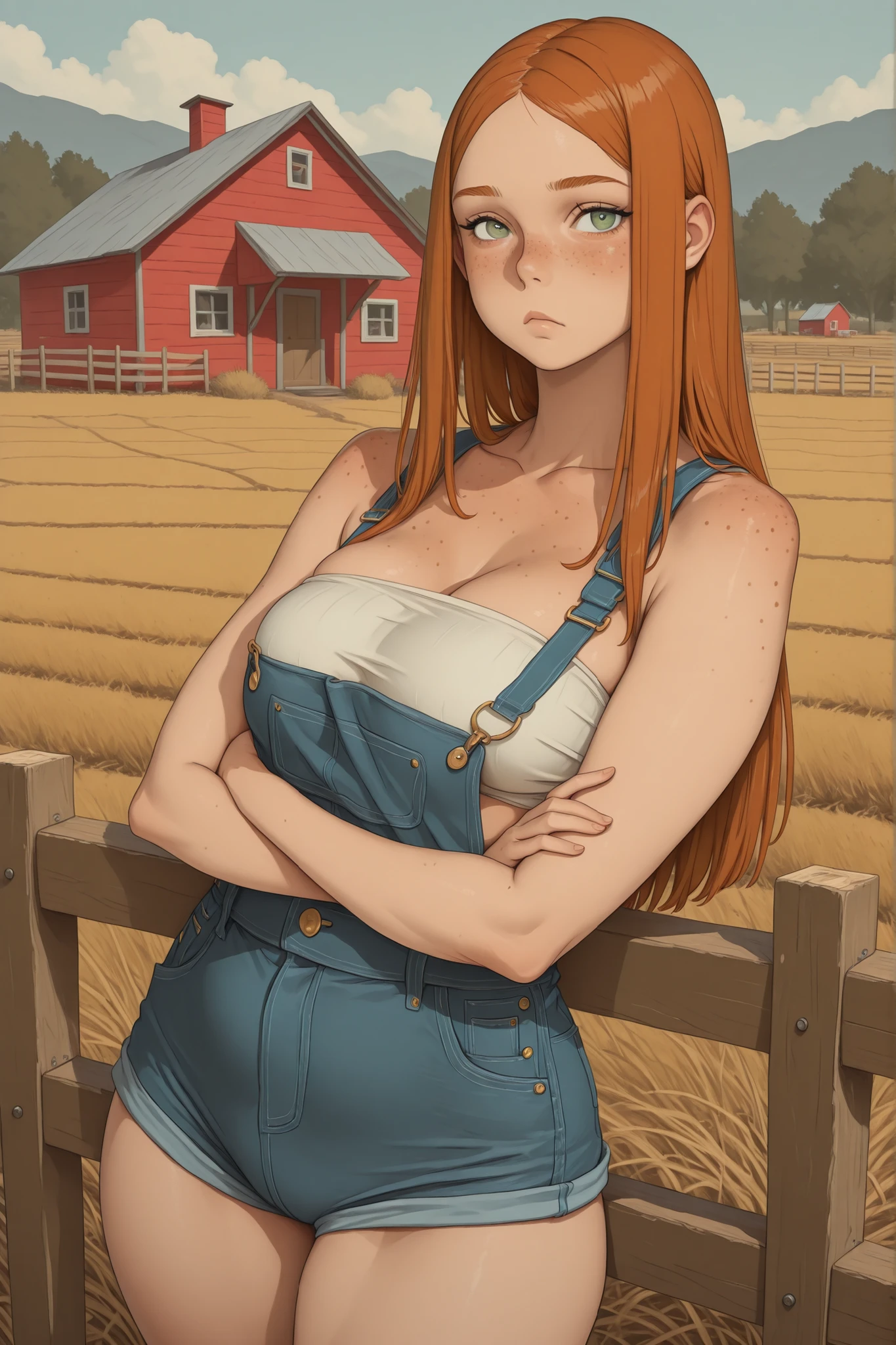 [nudity, explicit] (High quality, High resolution, Fine details), Realistic, (Straight road), (tall cornfield), (naked:1.3), (overalls), solo, curvy women, Red hair, sparkling eyes, (Detailed eyes), smile, blush, Sweat, Oily skin, shallow depth of field