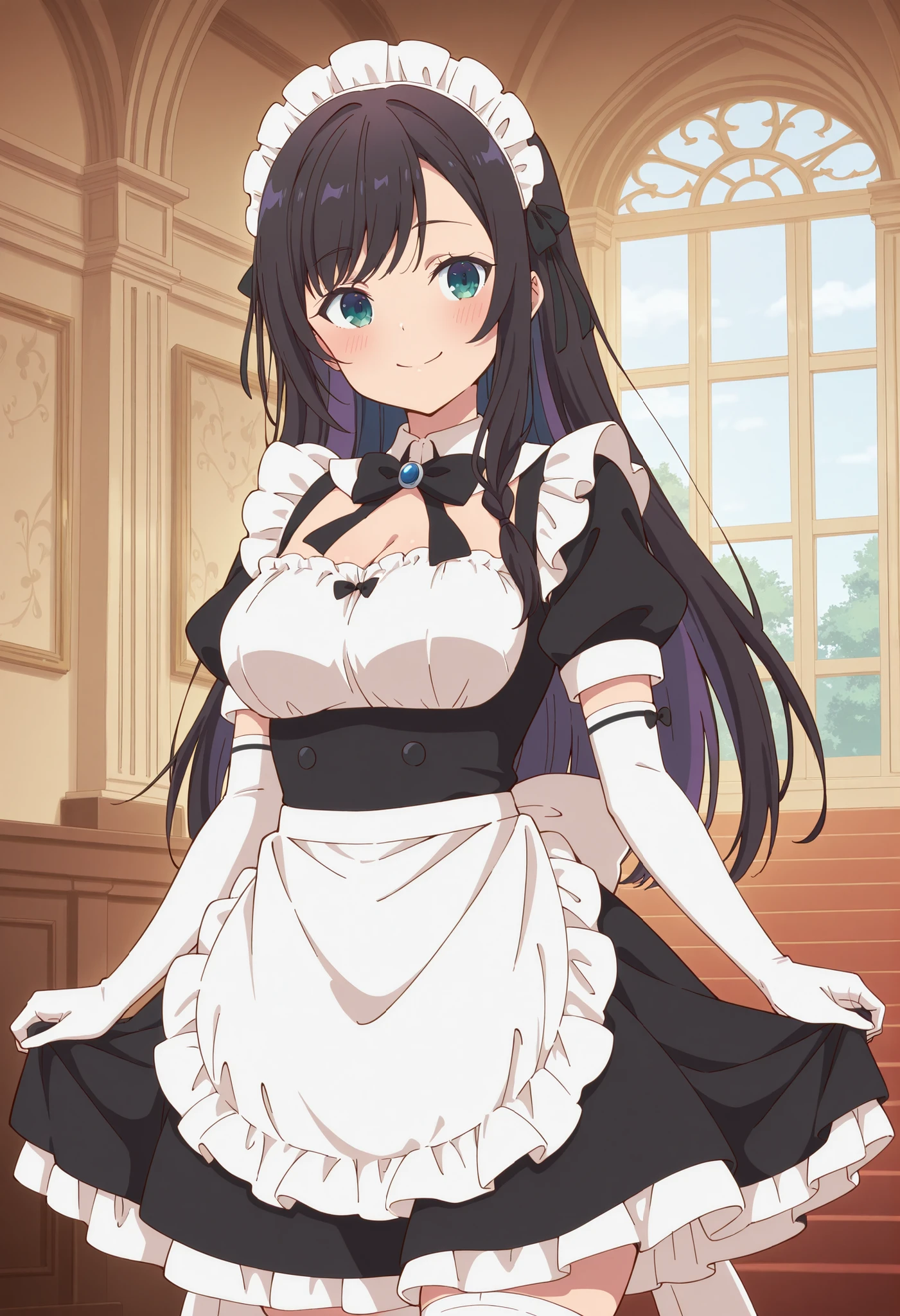 Score_9, score_8_up, score_7_up, source_anime, alina clover (girumasu), solo, long hair, multicolored hair, black hair, purple hair, swept bangs, black hair ribbon, single braid, blue eyes, (green eyes:0.8), (best quality), (high quality), {masterpiece}, extremely delicate and beautiful, ultra-detailed, beautiful detailed eyes, maid, black maid costume, short sleeves, puffy sleeves, white headdress, white frilled apron, white elbow gloves, white thighhighs, mansion, indoor, smile, closed mouth, standing