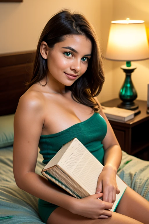 a woman with medium dark hair, sitting at home reading a book, wearing a sexy outfit, happy expression, detailed, masterpiece, best quality, 4k, 8k, highres, ultra-detailed, realistic, photorealistic, photo-realistic, HDR, UHD, studio lighting, ultra-fine painting, sharp focus, physically-based rendering, extreme detail description, professional, vivid colors, bokeh, portraits, warm colors, natural lighting
