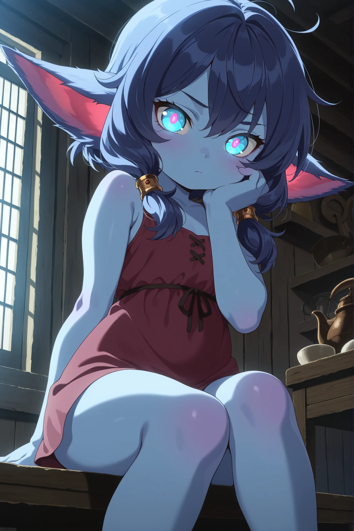  masterpiece, best quality, amazing quality, very aesthetic, absurdres,(anime screencap:1.4),1girl,shortstack ,yordle,colored skin,glowing pupil 
