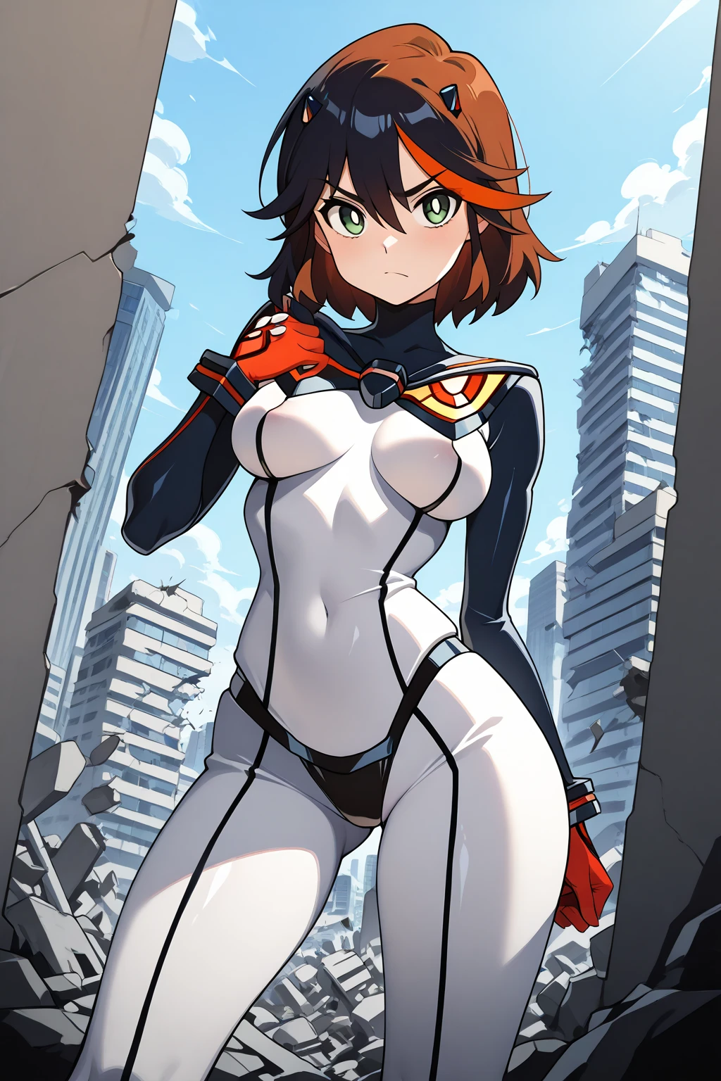 photo of mlp Meowko, RAW, beautiful woman, ((portrait)), ((detailed face:1.2)), ((anime face, anime facial feature, clear skin, glossy anime lips, clear skin), (short lesbian haircut, brunette: 1.55), (perfect proportioned body, Strong, muscular, narrow waist, narrow hips, skinny, massive breasts), flexing, (she is wearing a tight jumpsuit, Neon Genesis Evangelion plug suit, asuka Langley cosplay, unzipping suit, undressing), mecha background, huge metropolis, (realistic photo, best quality, detailed), (8k wallpaper), (bright cinematic lighting, lens flares, beautiful light, (noon:1.3)) (sharp focus, intricate)