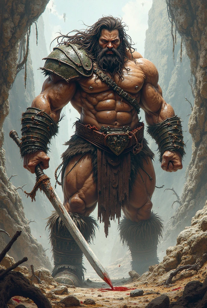 epic fantasy art, super fine illustration, High resolution, Super detailed, masterpiece, 1 male, barbarian, Conan the Barbarian, alone, adult, mature, tall and muscular man, broad shoulders, (((good looking:1.5))), long messy hair, black hair, ((beautiful detailed brown eyes:1.5)), square jaw, thick neck, thick eyebrows, the night view of dark forest background, loincloth,double bladed battle axe,animal fang necklace, iron circlet, holding sword,warrior pose